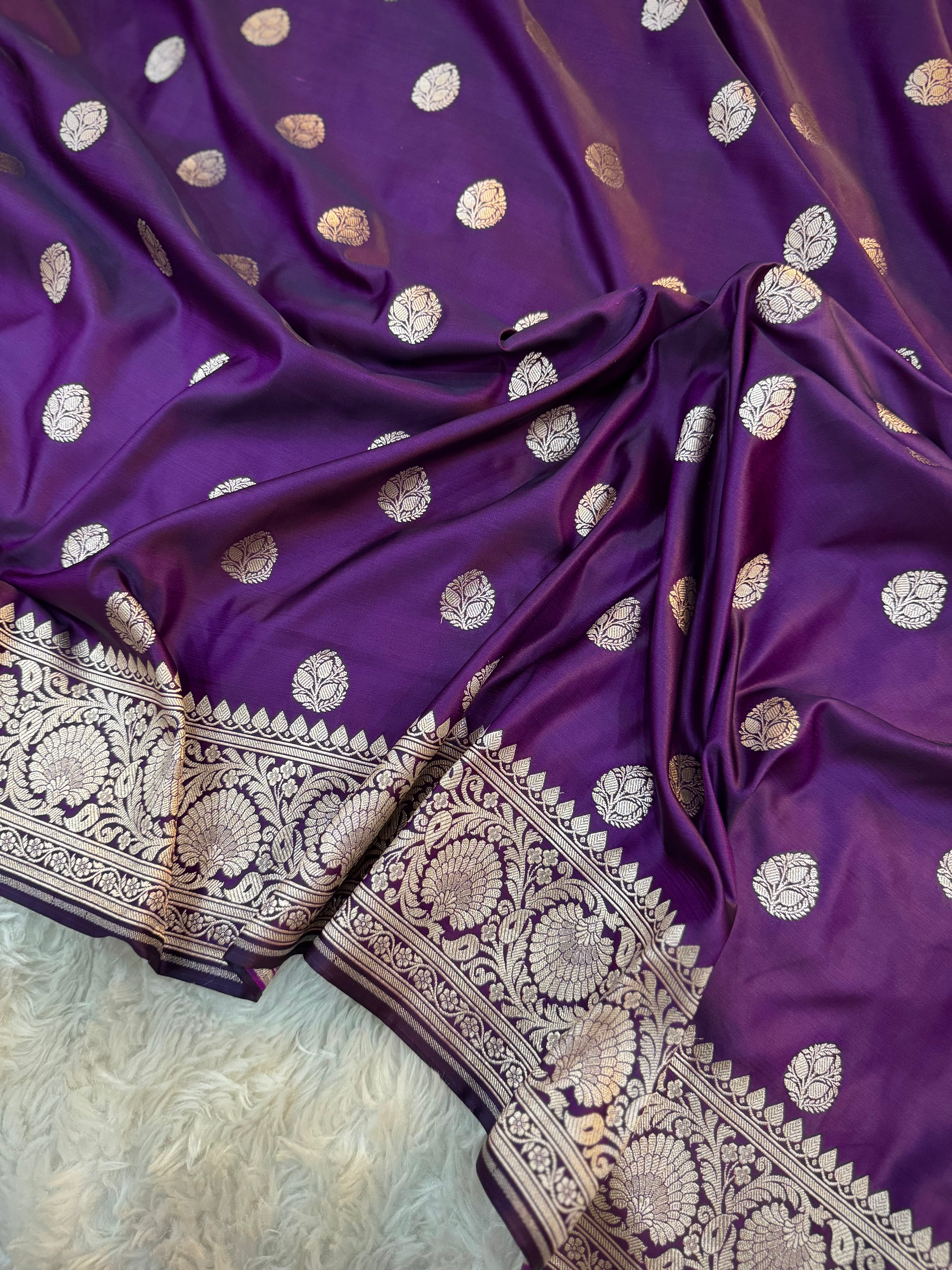 PREMIUM DEEP PURPLE SHADE SATIN MASHRU KATAN SILK SAREE