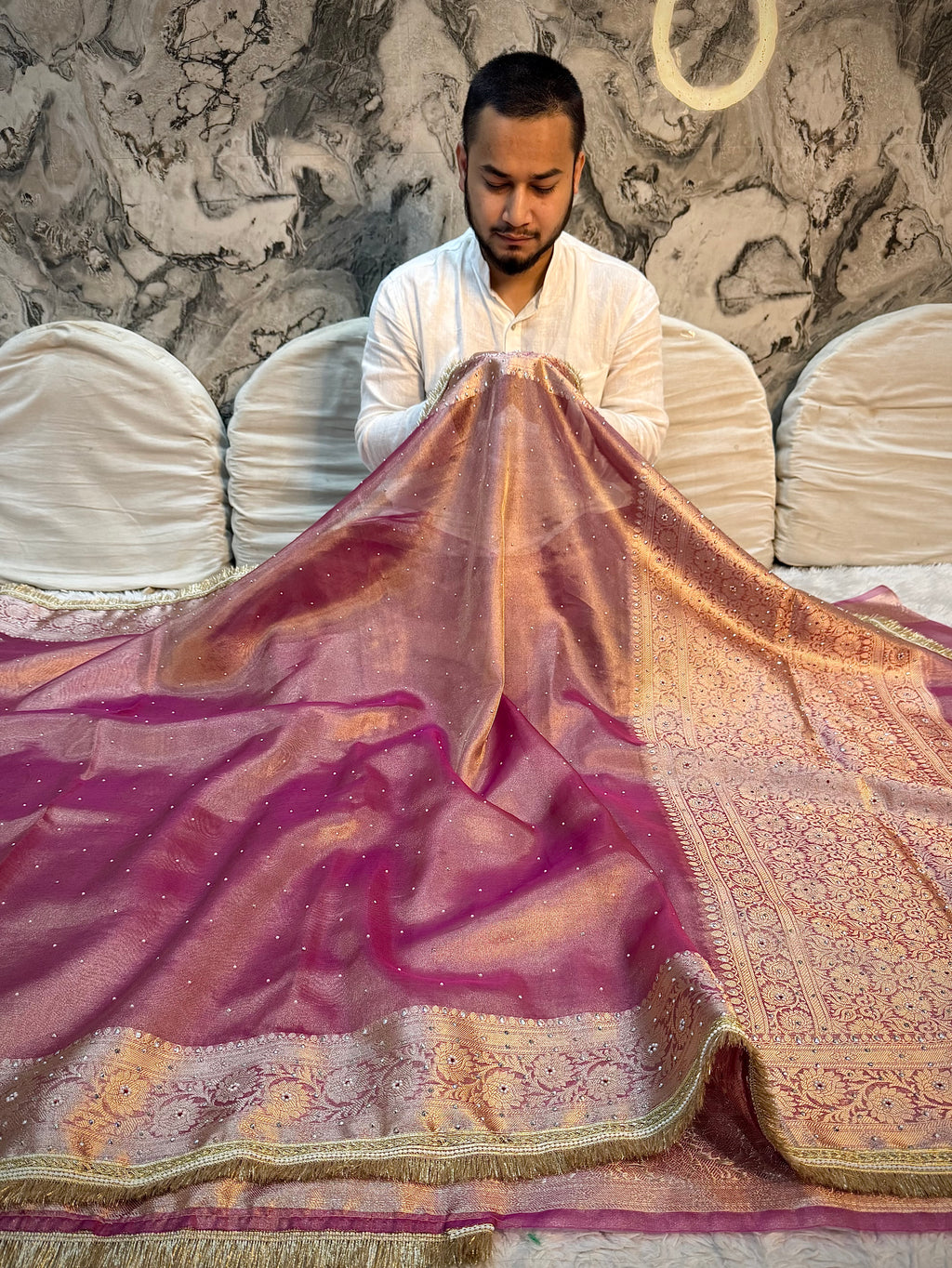 EXCLUSIVE ROSE PINK SHADE SOFT TISSUE SILK SAREE DESIGNER HEAVY HAND STONE WORK WITH LACE ATTACHED