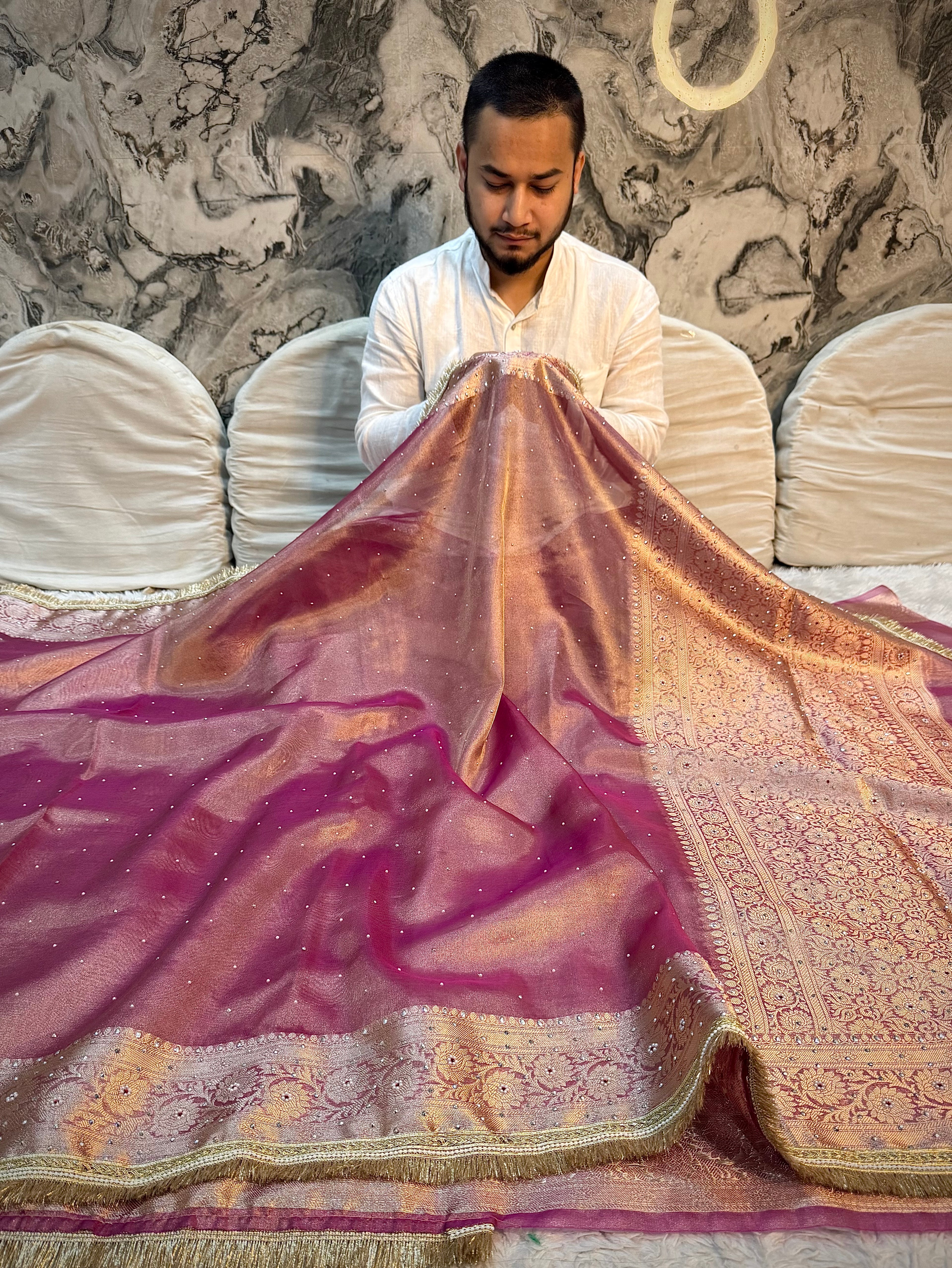 EXCLUSIVE ROSE PINK SHADE SOFT TISSUE SILK SAREE DESIGNER HEAVY HAND STONE WORK WITH LACE ATTACHED