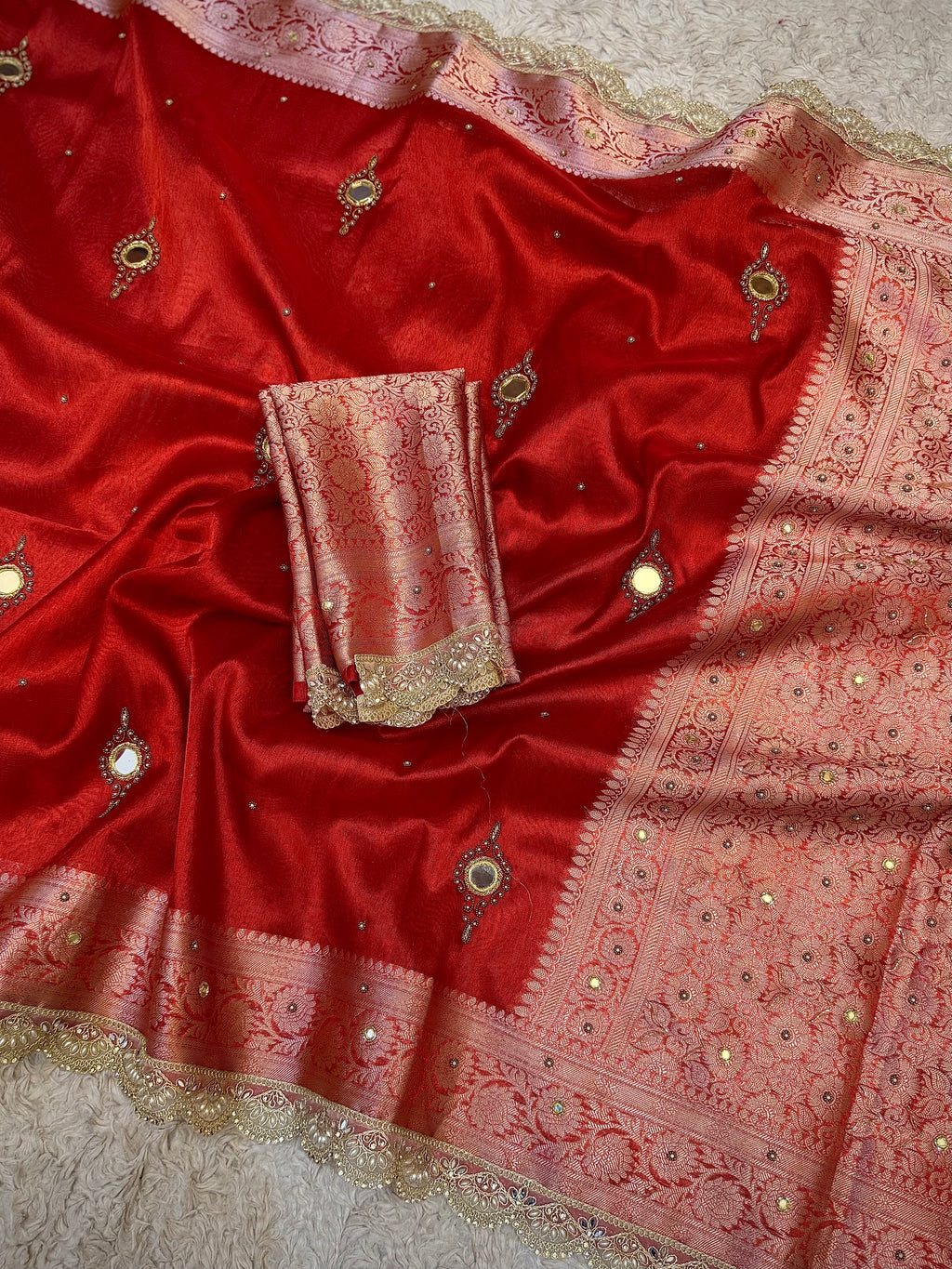 LUXURIOUS BRIDAL RED SHADE SOFT TISSUE SILK SAREE WITH PREMIUM ZARDOZI MIRROR WORK AND LACE ATTACHED