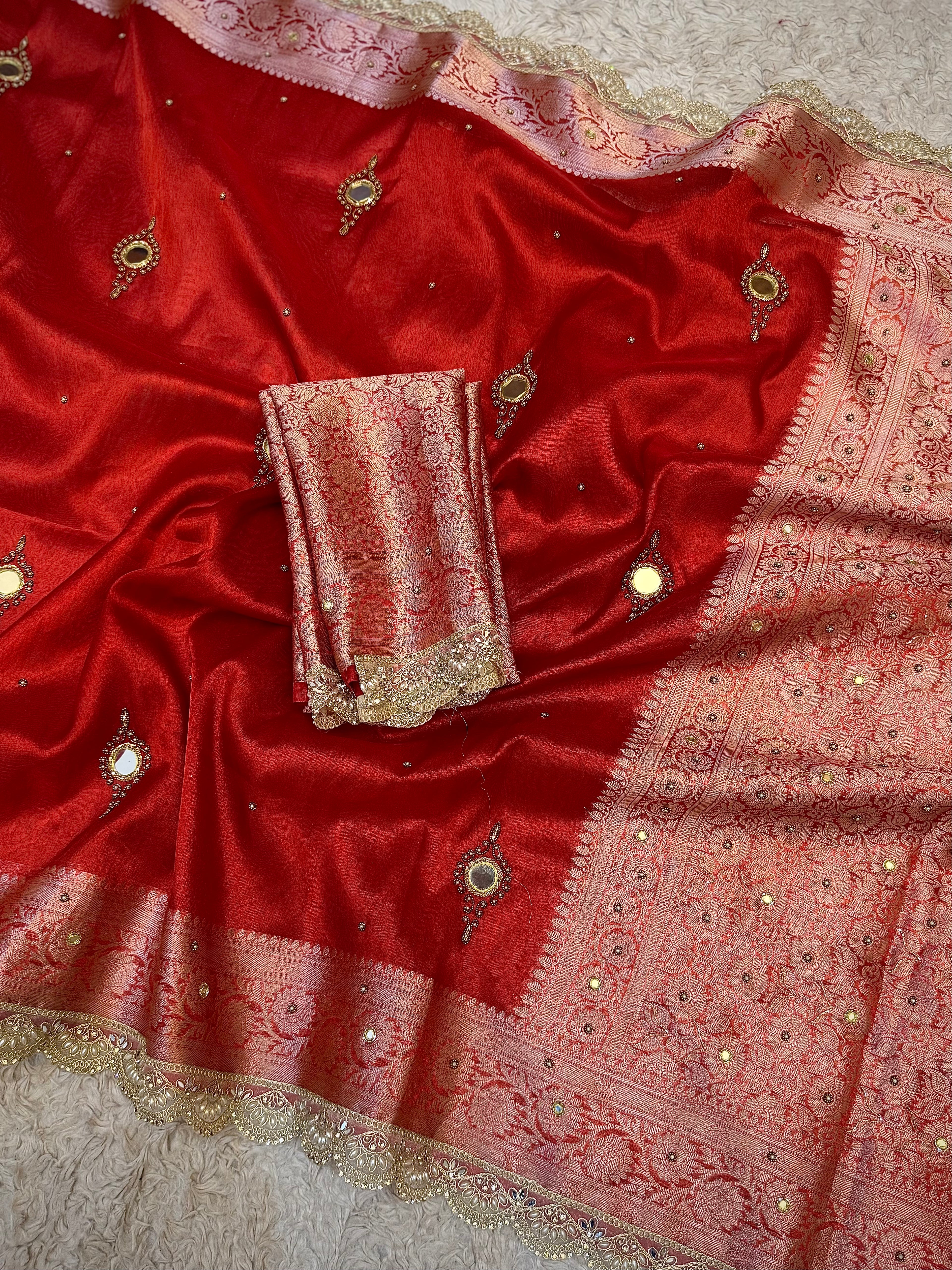 LUXURIOUS BRIDAL RED SHADE SOFT TISSUE SILK SAREE WITH PREMIUM ZARDOZI MIRROR WORK AND LACE ATTACHED