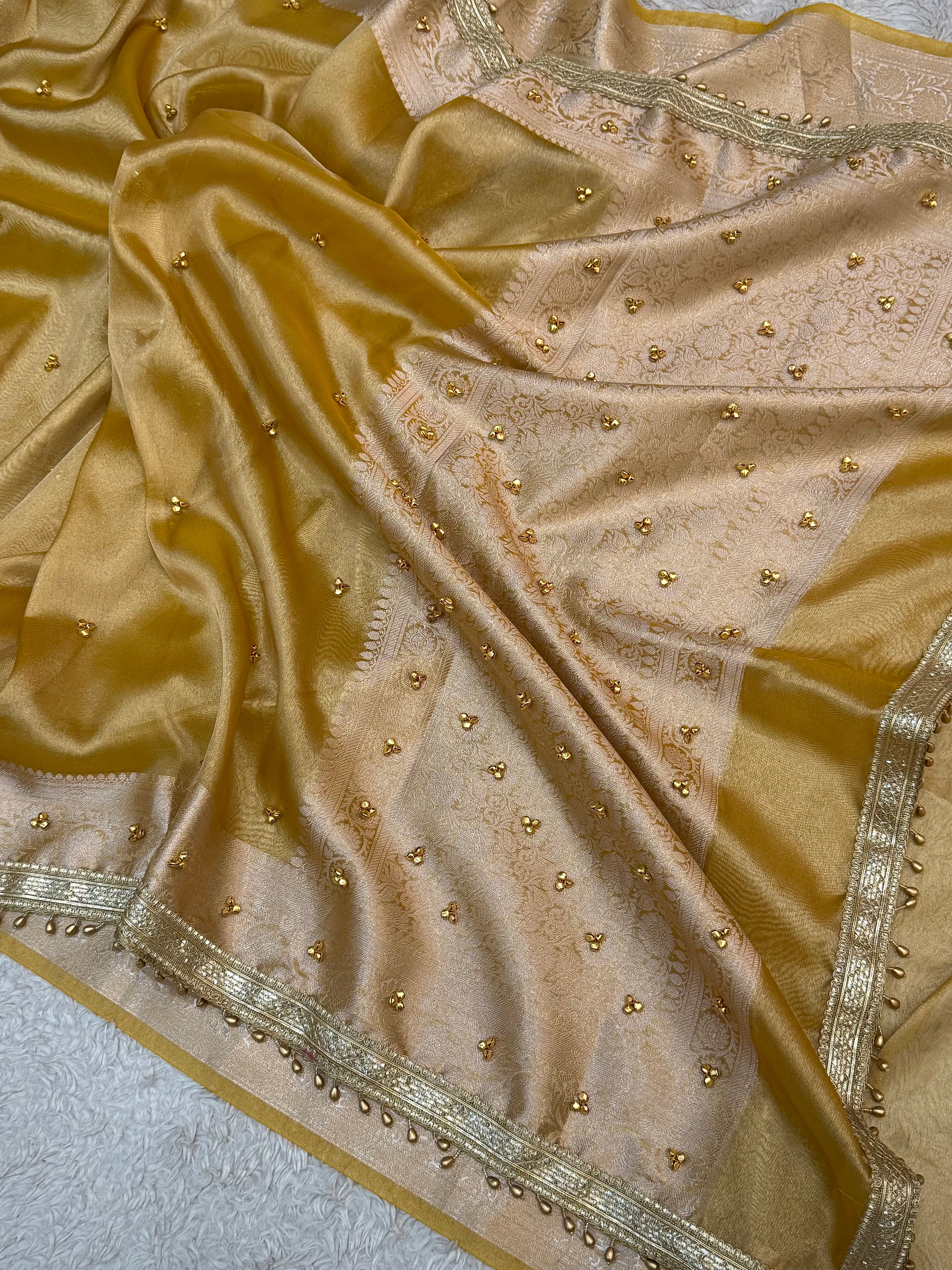 PREMIUM YELLOW SHADE GHUNGROO WORK SOFT BANARASI TISSUE SILK DESIGNER SAREE