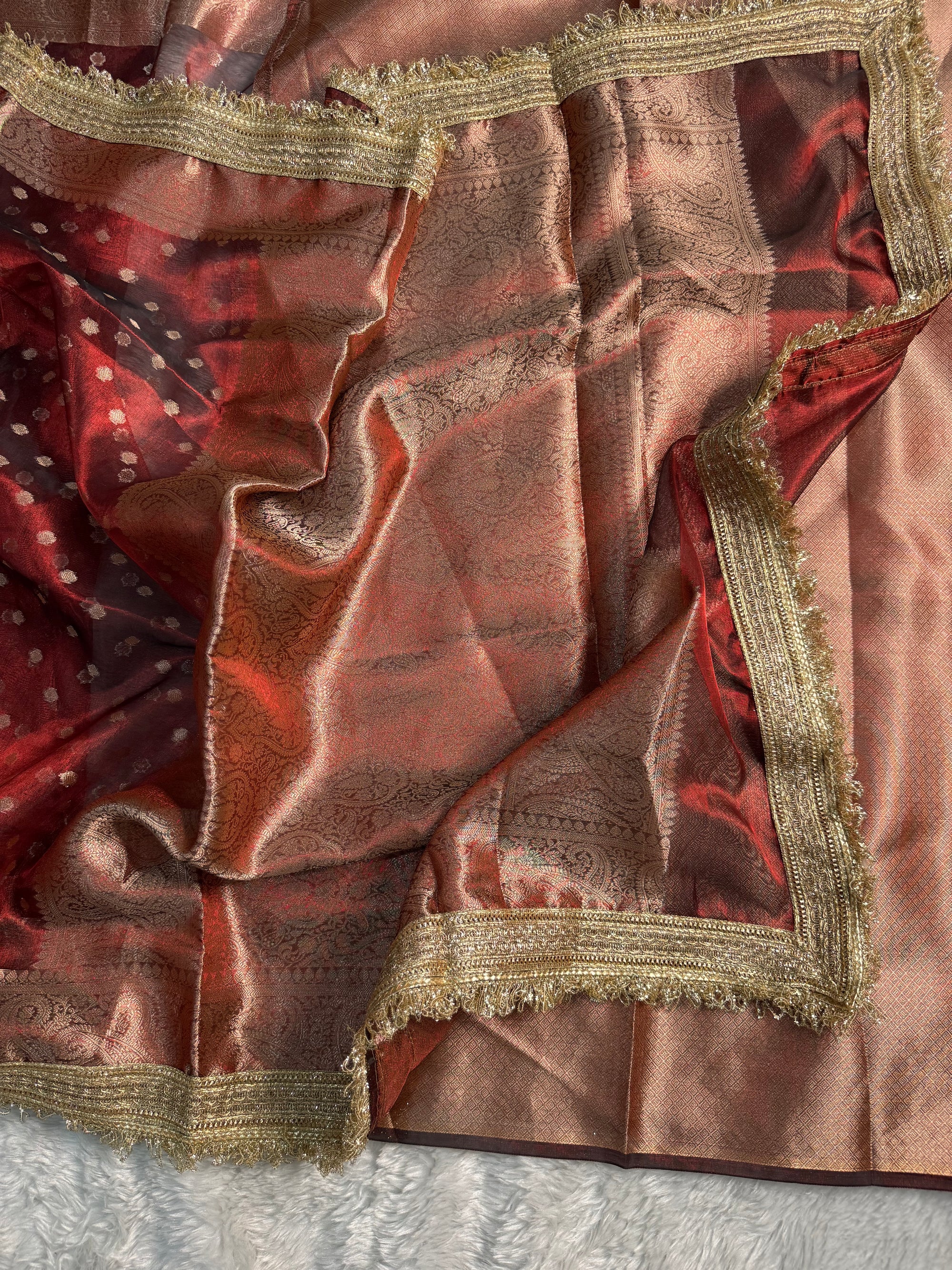 BLOOD RED SHADE SOFT TISSUE SILK SAREE WITH LACE ATTACHED
