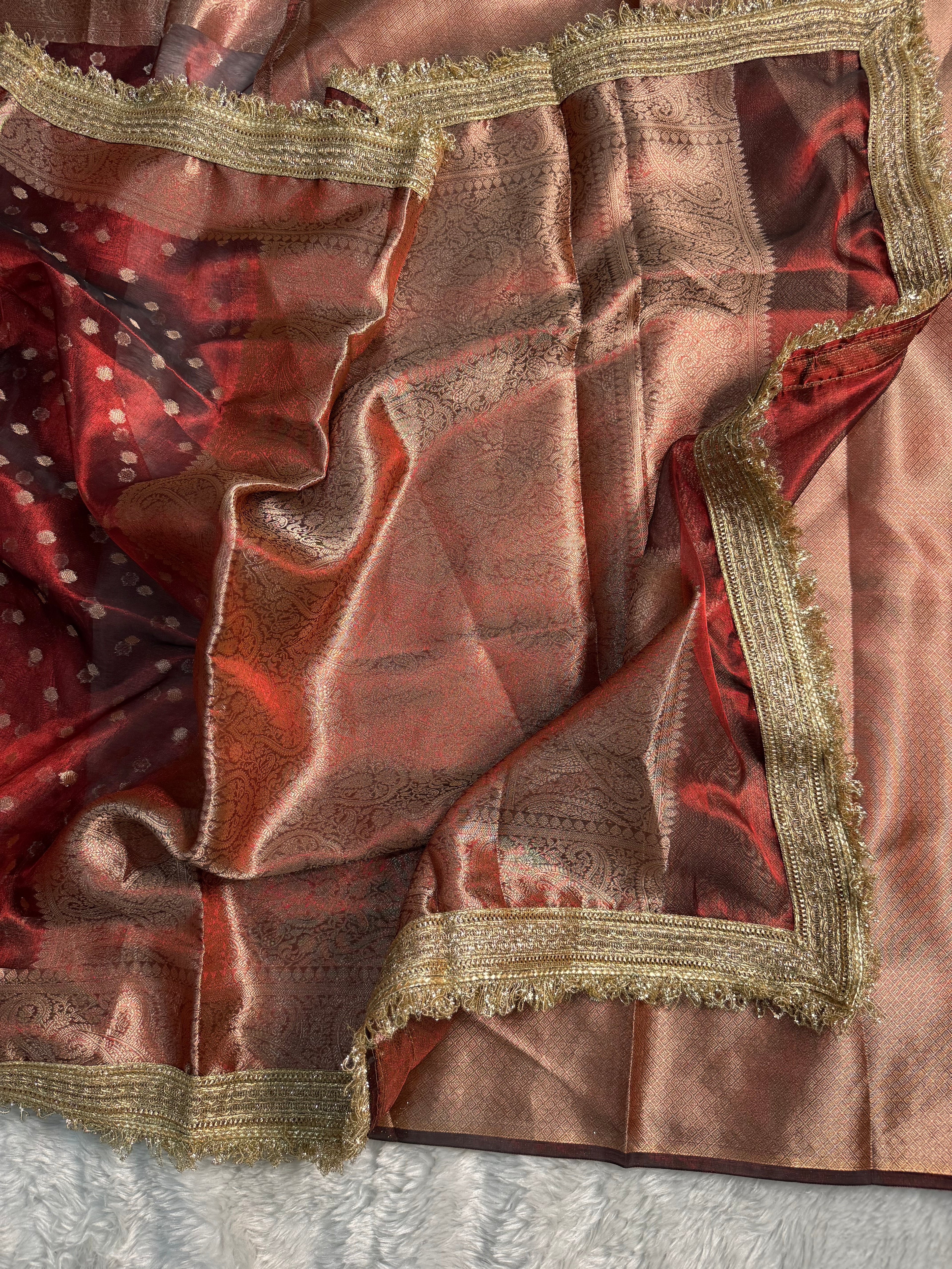 BLOOD RED SHADE SOFT TISSUE SILK SAREE WITH LACE ATTACHED
