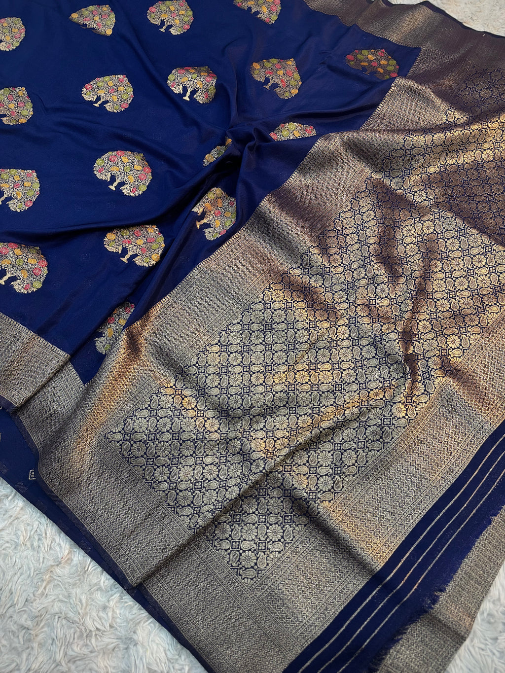 MIDNIGHT BLUE SHADE CHINON GEORGETTE SILK MEENAKARI SAREE
