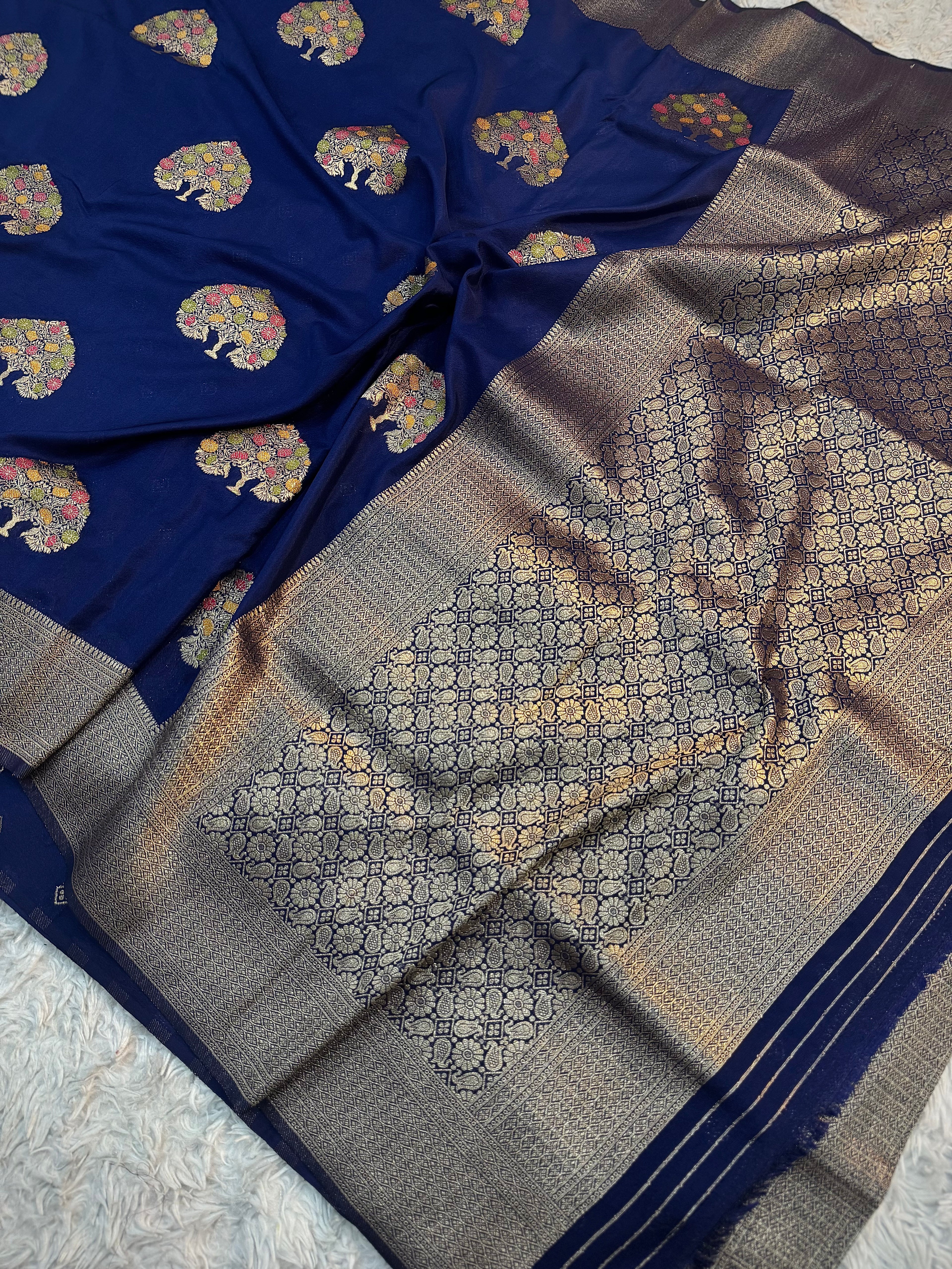 MIDNIGHT BLUE SHADE CHINON GEORGETTE SILK MEENAKARI SAREE