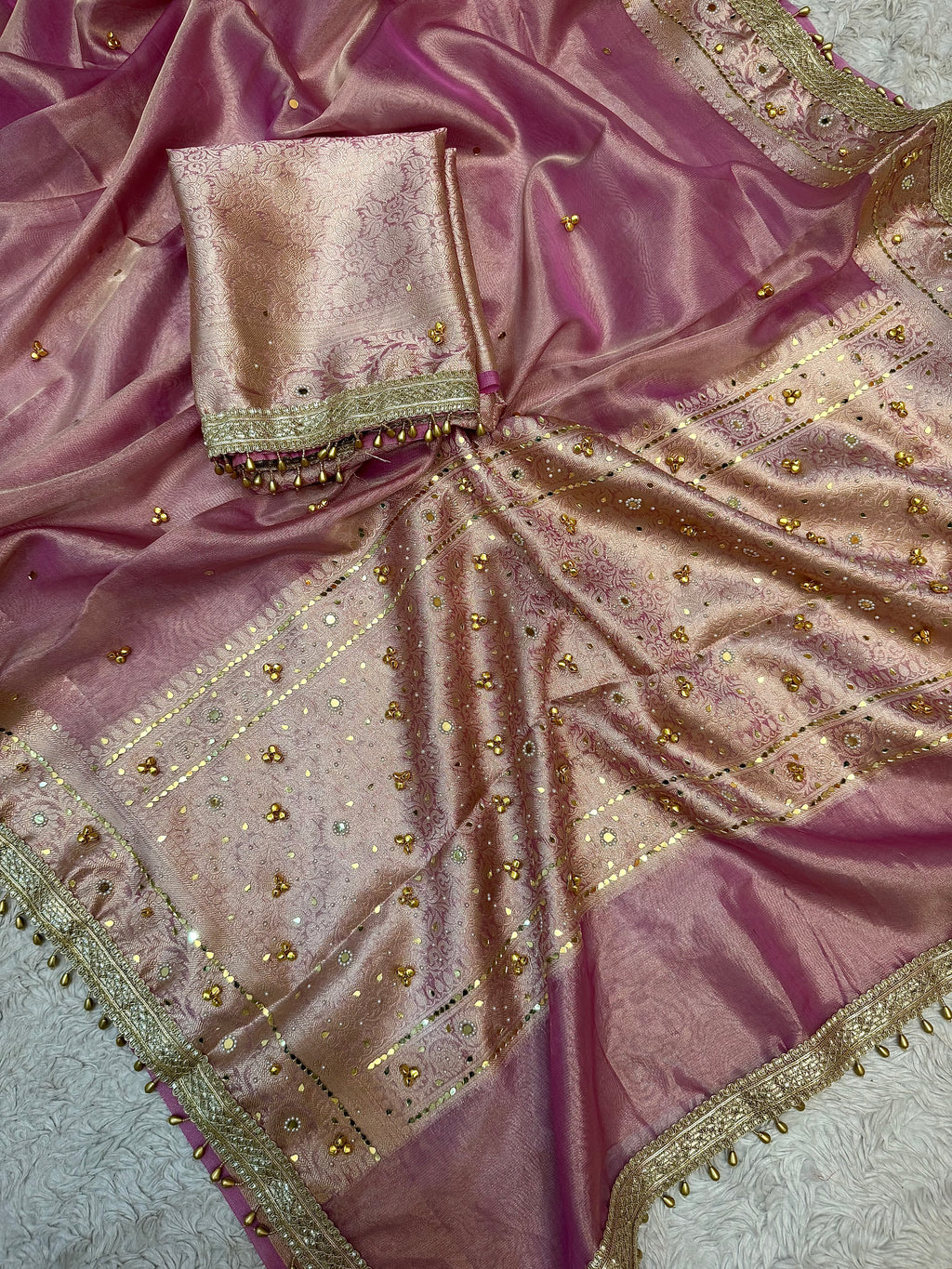 PREMIUM BABY PINK SHADE SOFT BANARASI TISSUE SILK GHUNGROO WORK WITH MIRROR WORK DESIGNER SAREE
