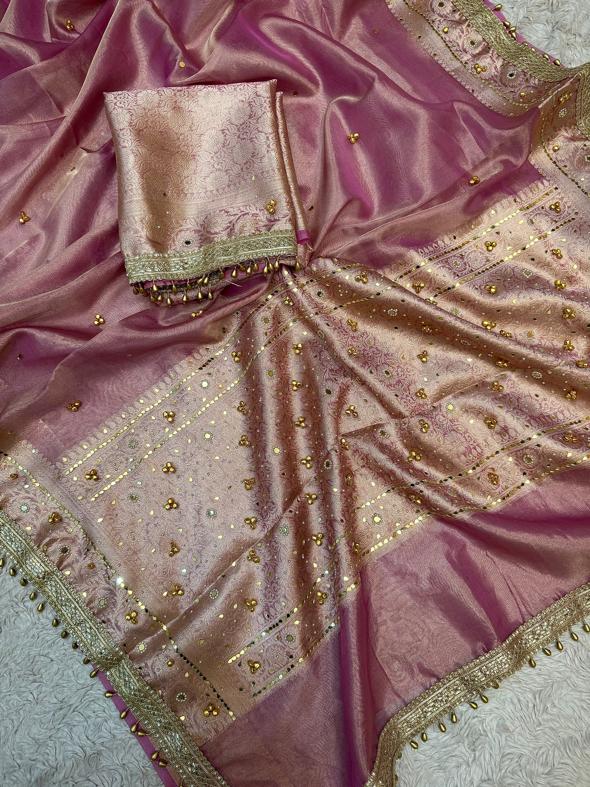 PREMIUM BABY PINK SHADE SOFT BANARASI TISSUE SILK GHUNGROO WORK WITH MIRROR WORK DESIGNER SAREE