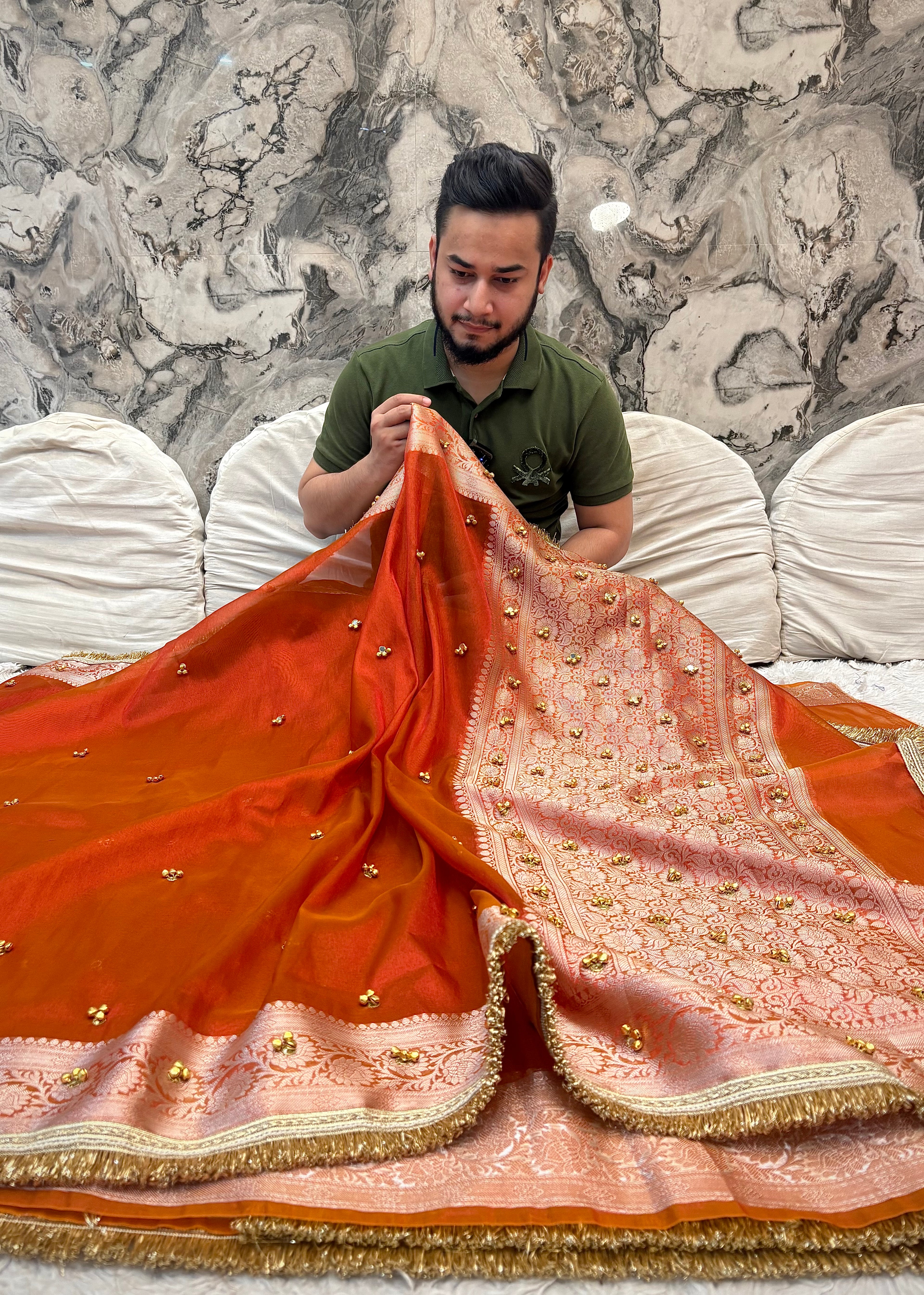 PREMIUM RUST SHADE GHUNGROO WORK SOFT BANARASI TISSUE SILK DESIGNER SAREE
