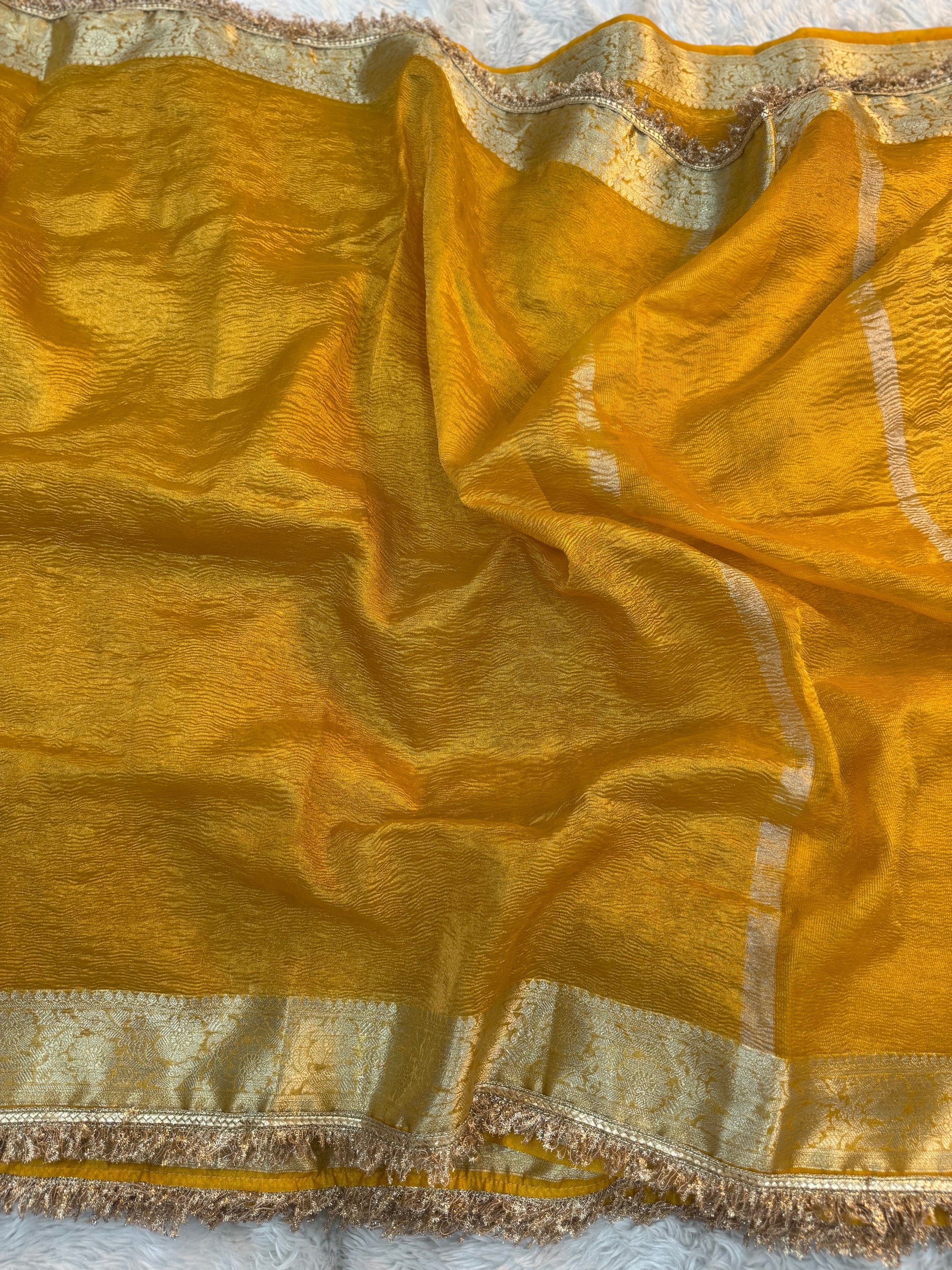 PREMIUM YELLOW SHADE SOFT CRUSH TISSUE SILK SAREE WITH LACE ATTACHED