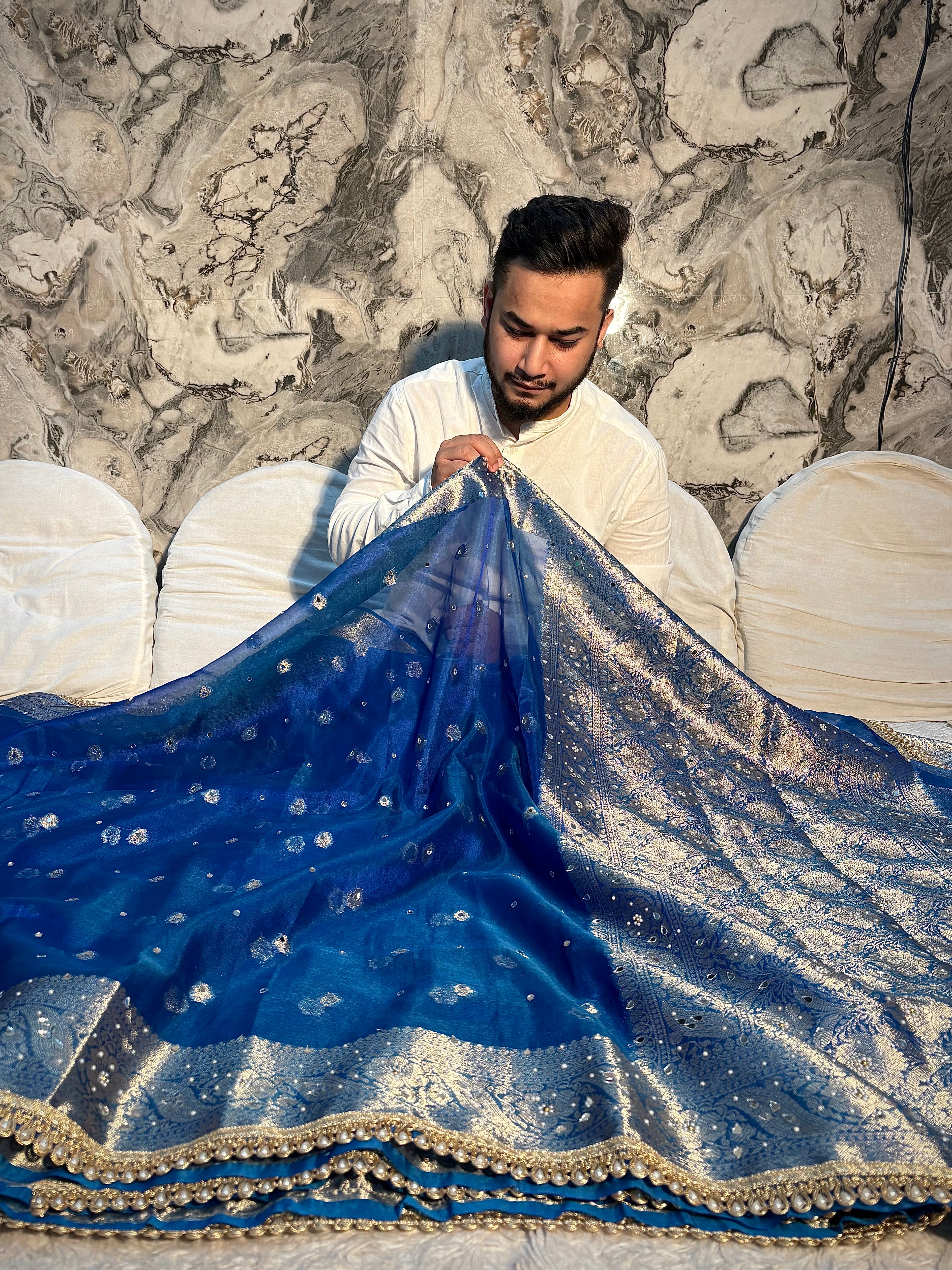 PREMIUM ROYAL BLUE SHADE BANARASI SOFT TISSUE SILK WITH MIRROR WORK DESIGNER SAREE