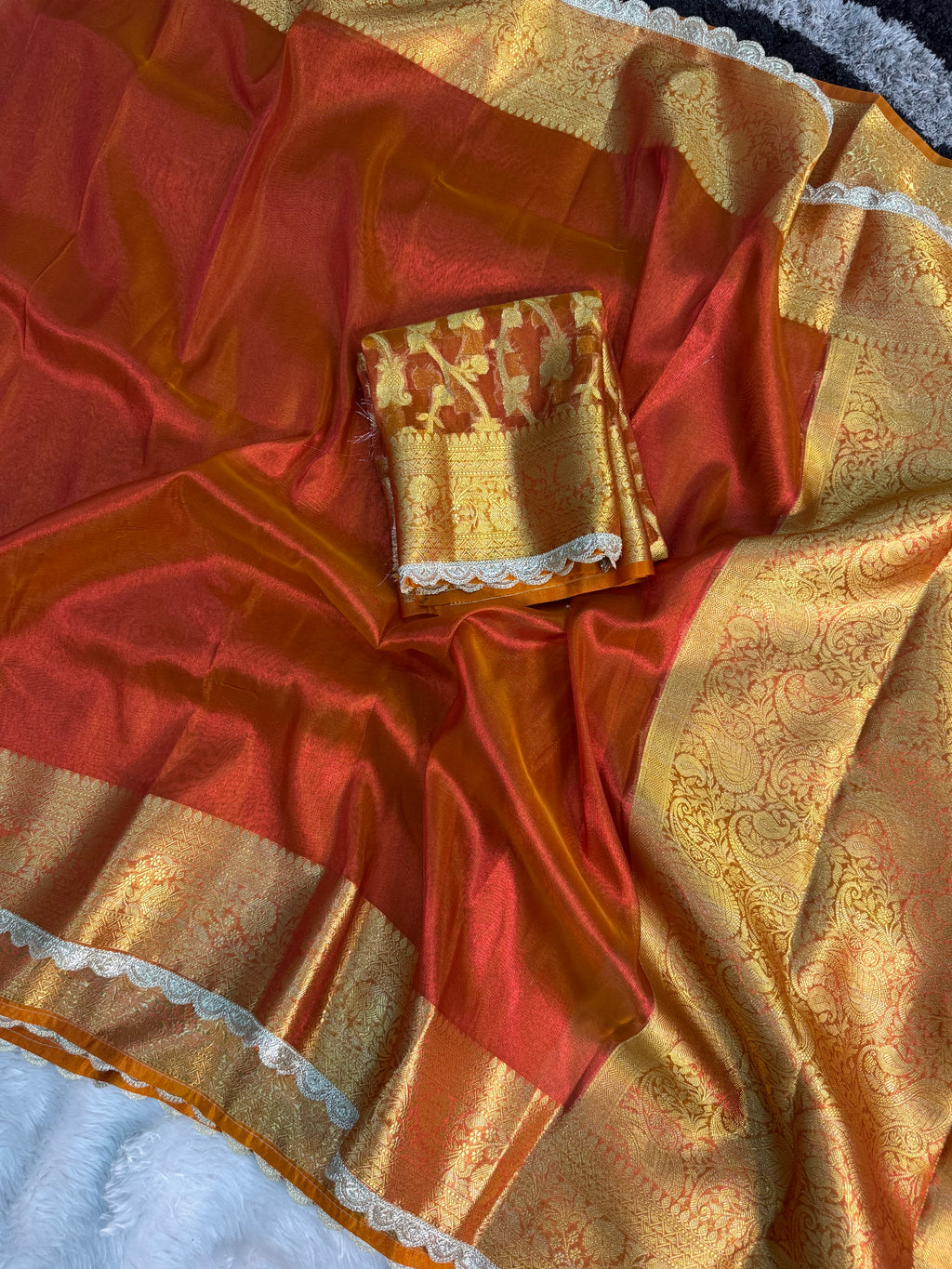 PREMIUM REDISH ORANGE SHADE SOFT TISSUE SILK SAREE WITH LACE ATTACHED