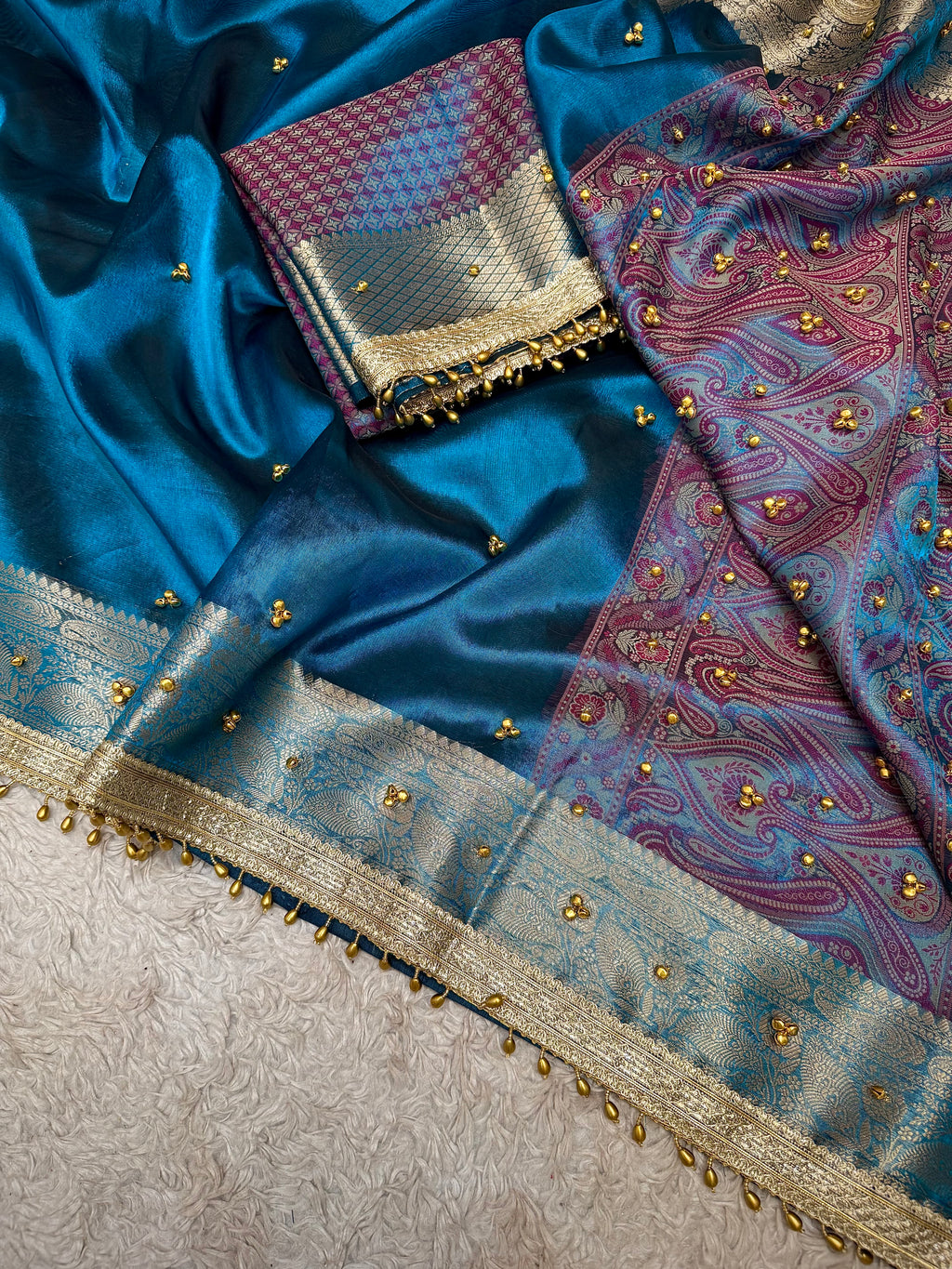 PREMIUM GERMAN BLUE SHADE GHUNGROO WORK BANARASI TISSUE SILK SAREE