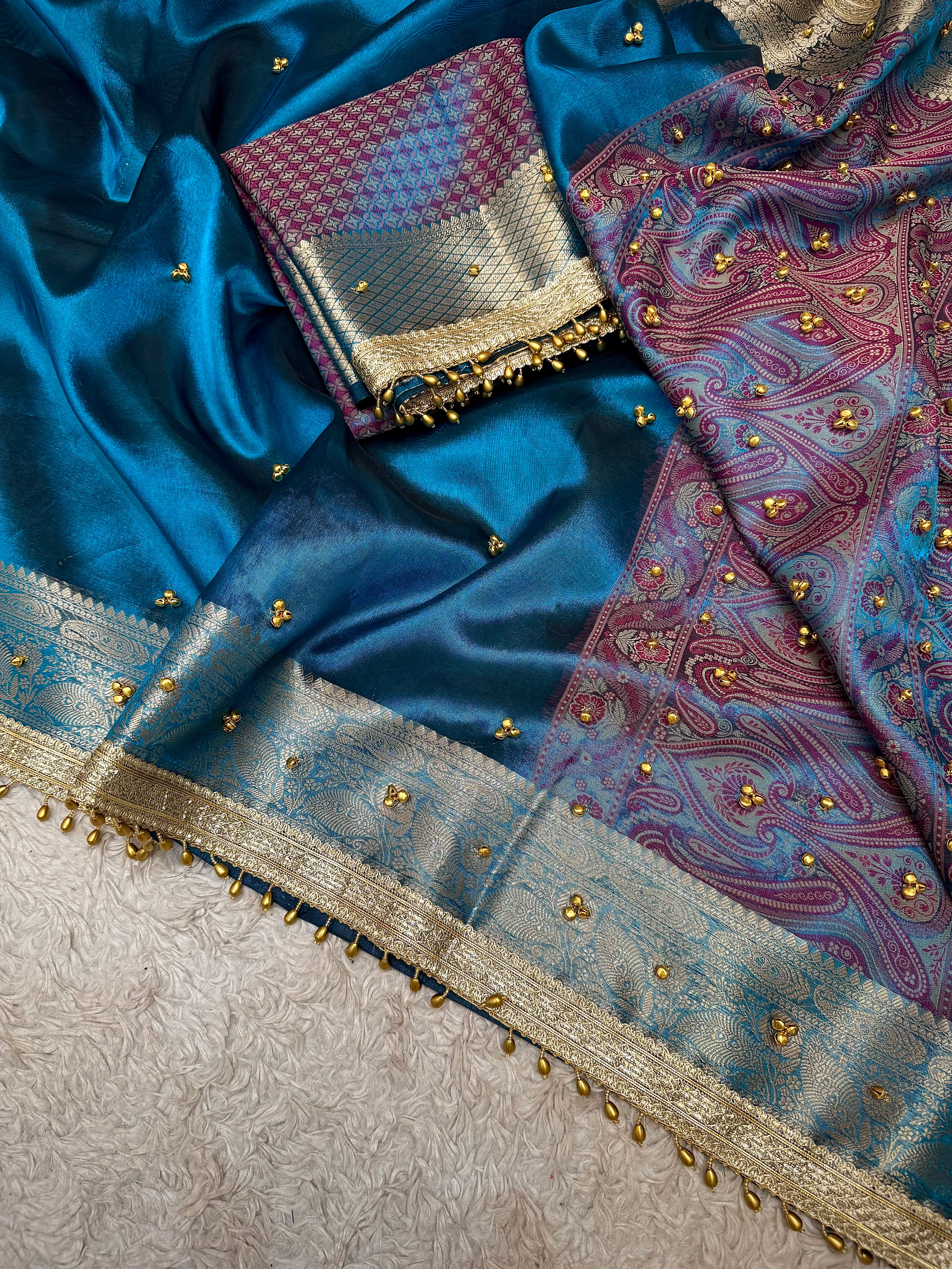 PREMIUM GERMAN BLUE SHADE GHUNGROO WORK BANARASI TISSUE SILK SAREE