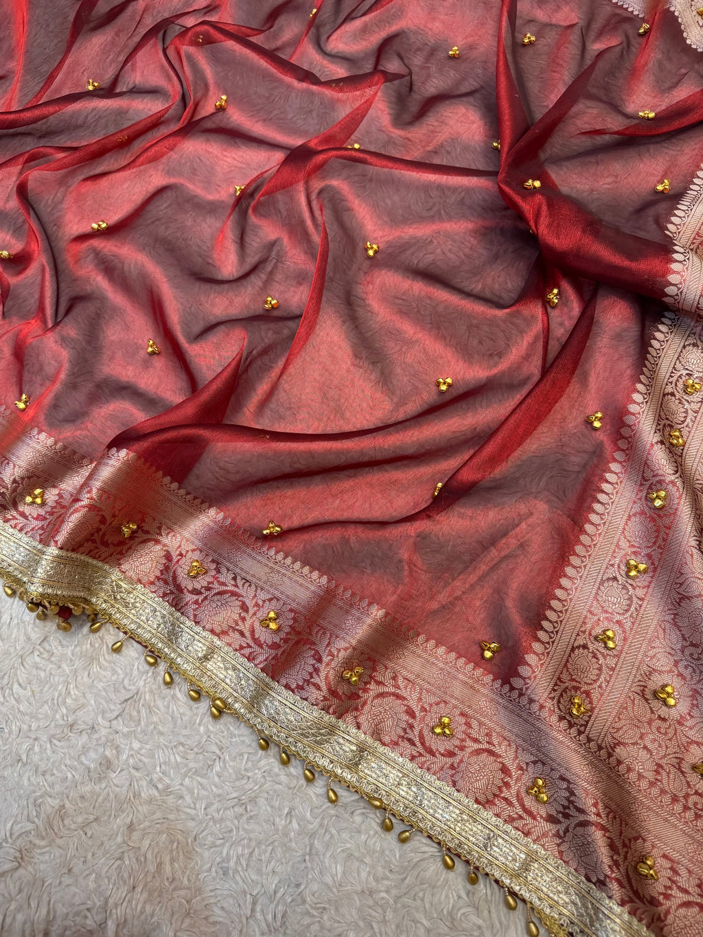 PREMIUM MAROON SHADE GHUNGROO WORK SOFT BANARASI TISSUE SILK DESIGNER SAREE