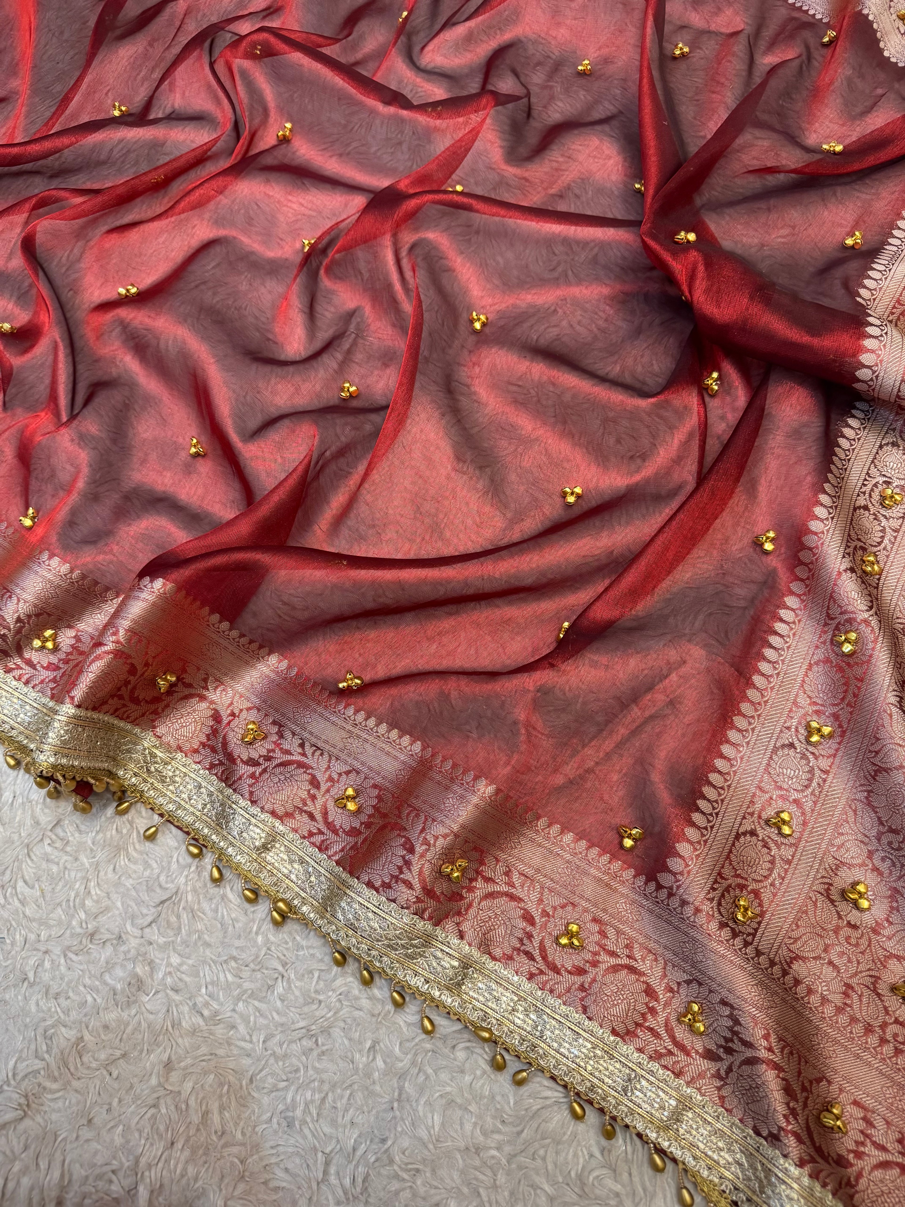 PREMIUM MAROON SHADE GHUNGROO WORK SOFT BANARASI TISSUE SILK DESIGNER SAREE