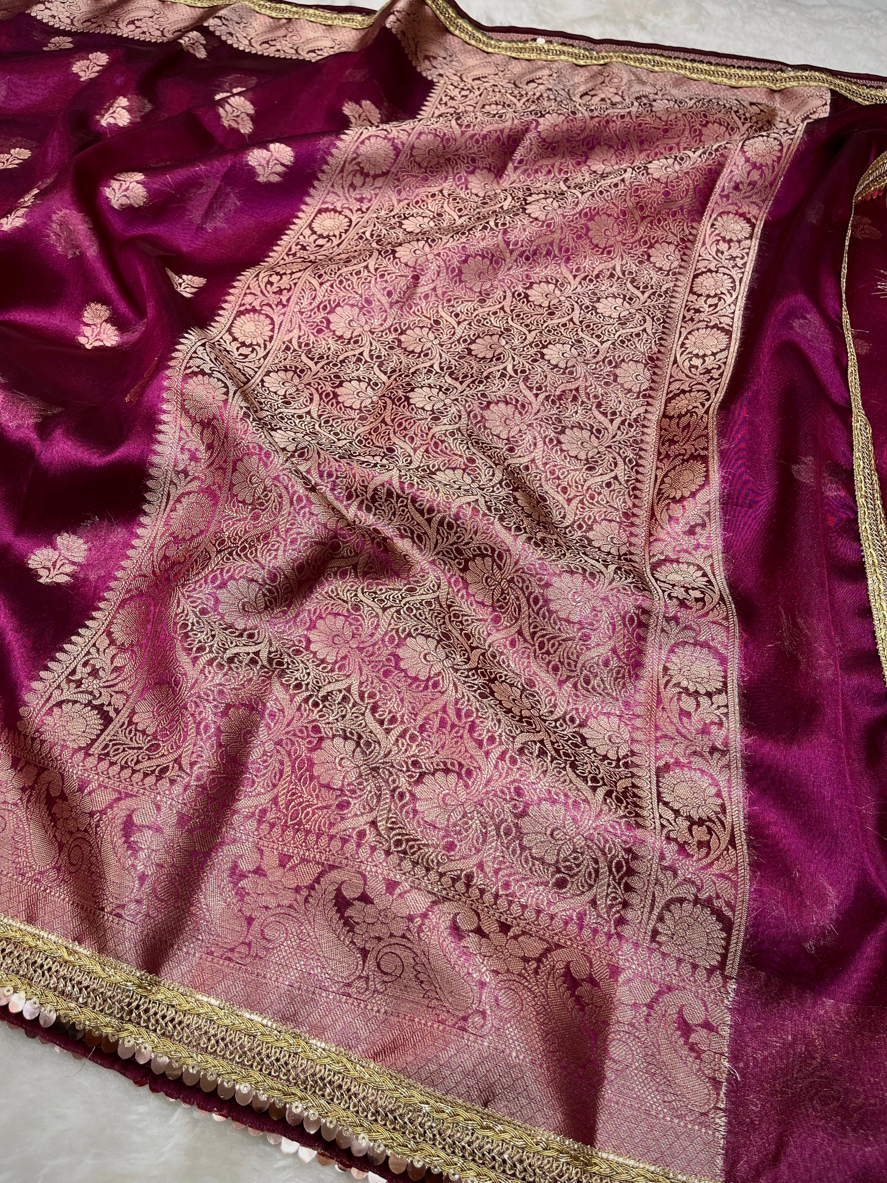 PREMIUM WINE SHADE DESIGNER TISSUE SILK BOOTI SAREE WITH LACE ATTACHED