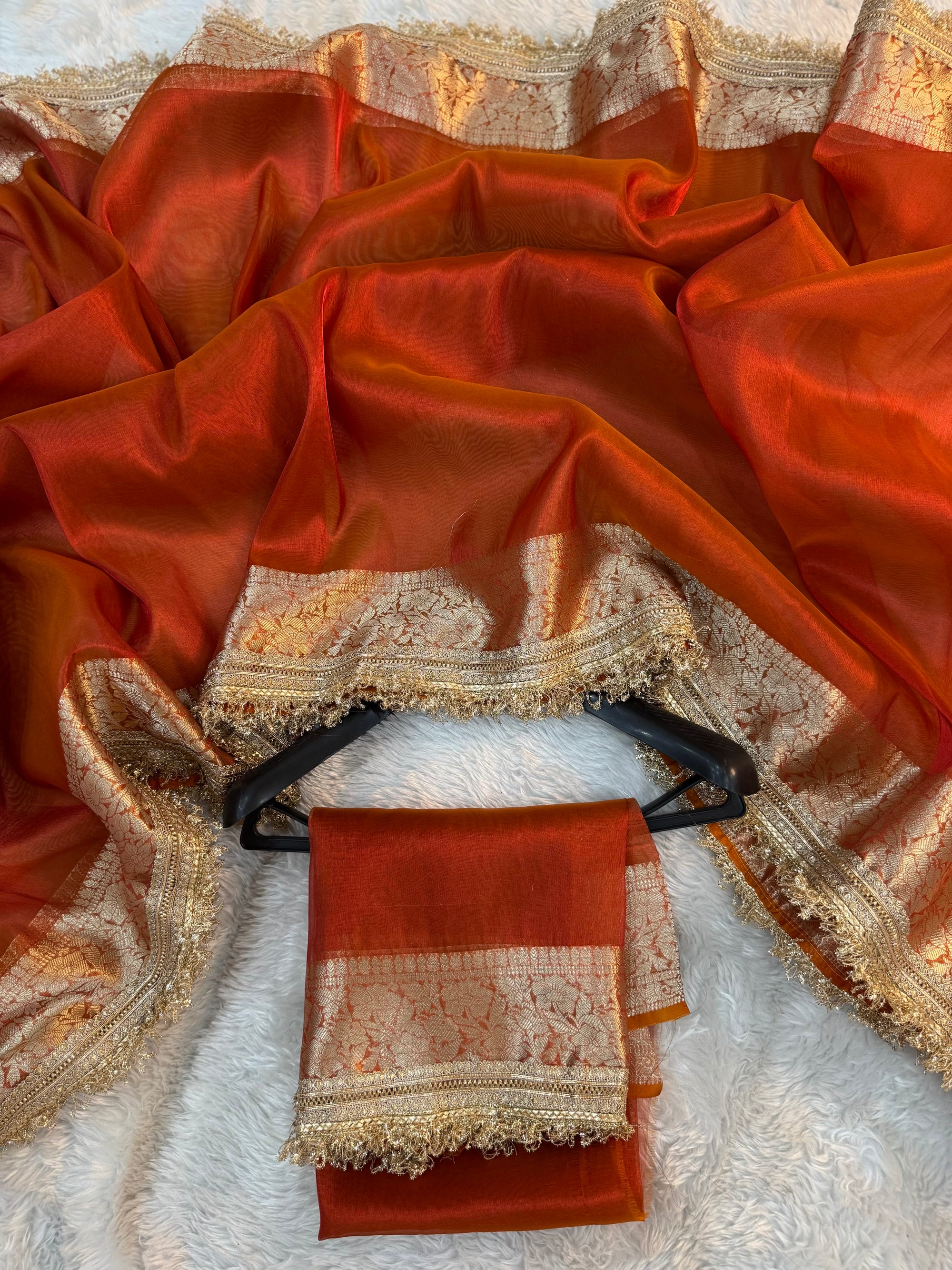PREMIUM RADDISH RUST SOFT TISSUE SILK SAREE WITH LACE ATTACHED