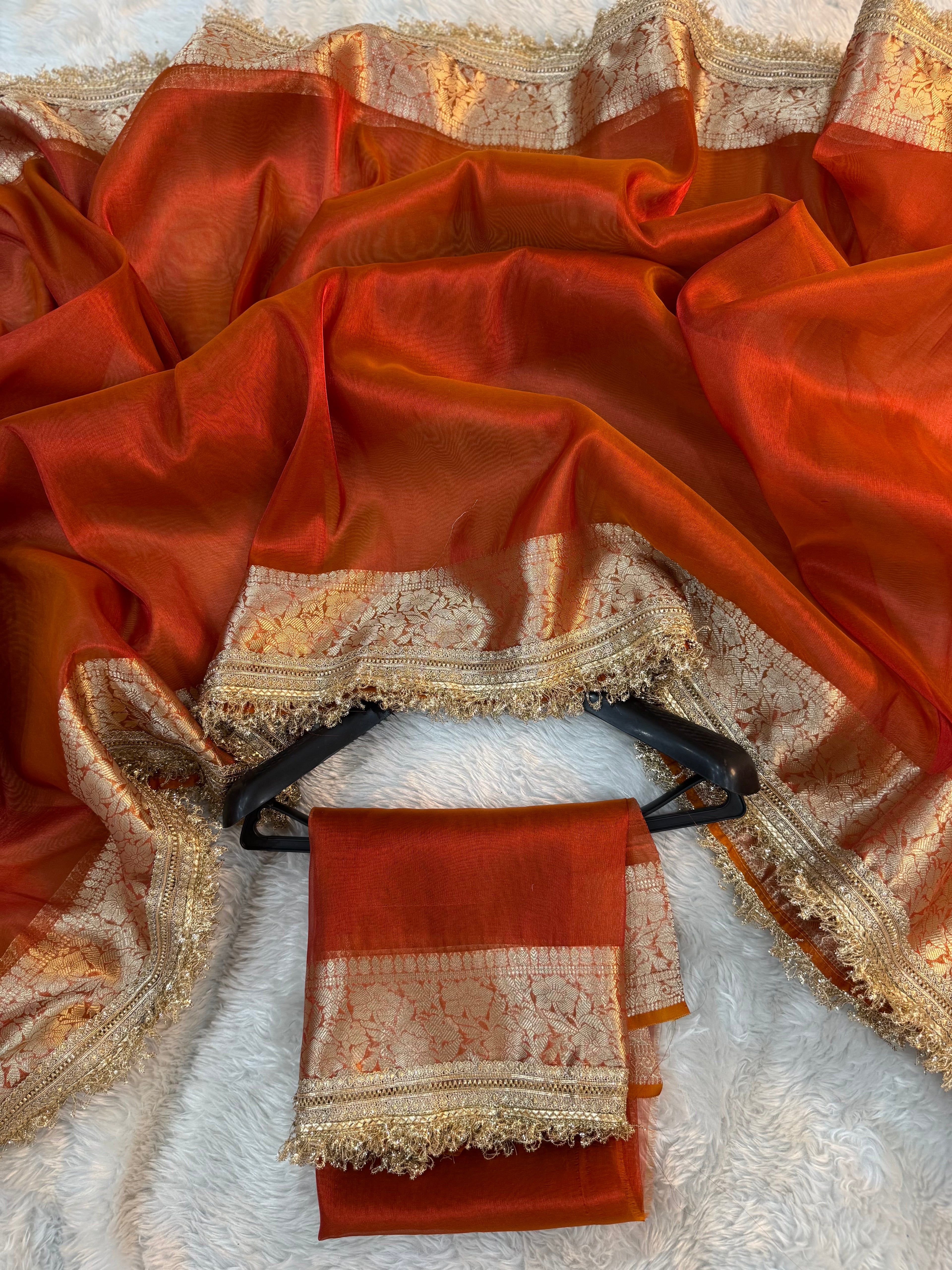 PREMIUM RADDISH RUST SOFT TISSUE SILK SAREE WITH LACE ATTACHED