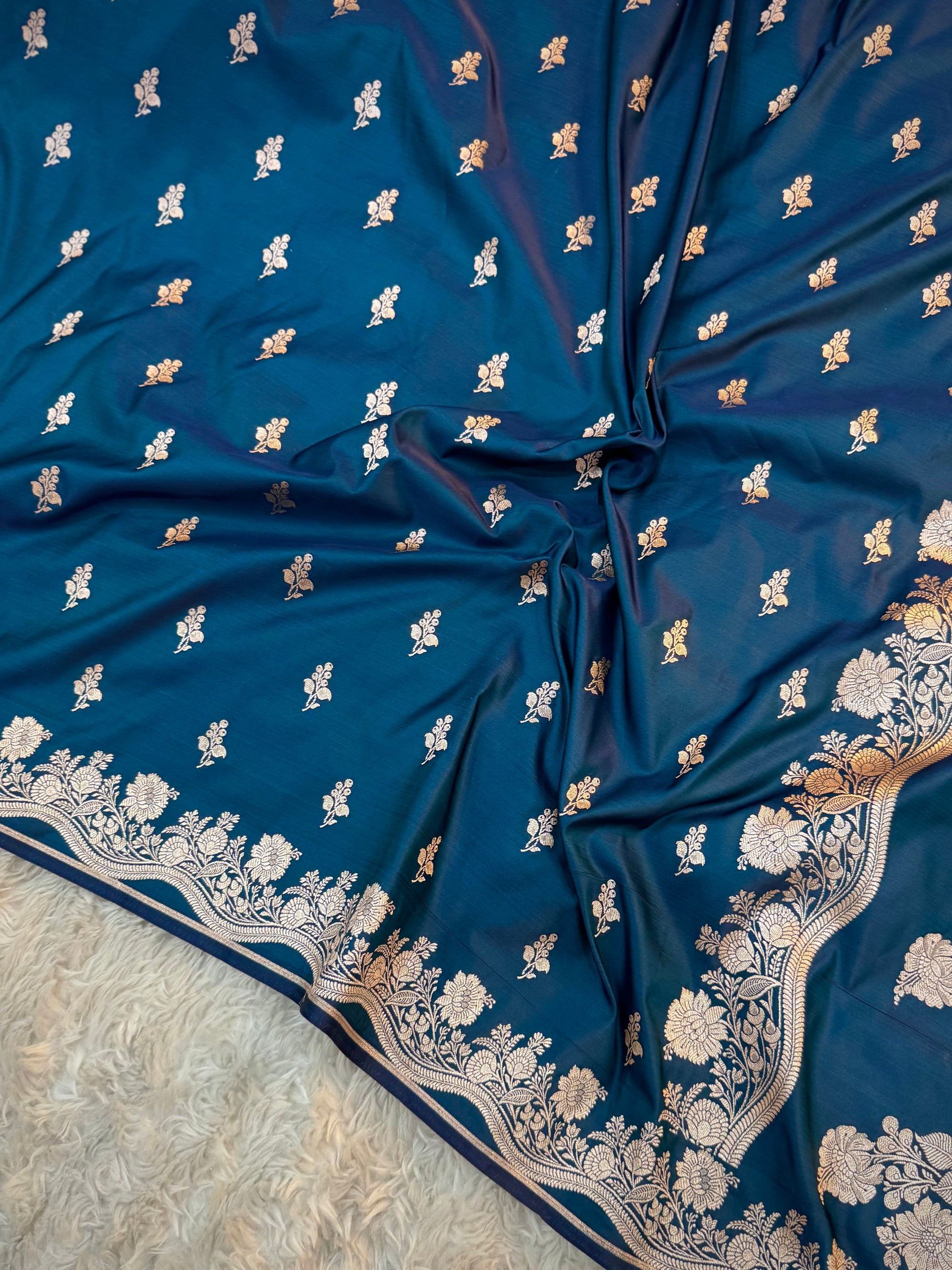 PREMIUM GERMAN BLUE SHADE SATIN MASHRU KATAN SILK SAREE