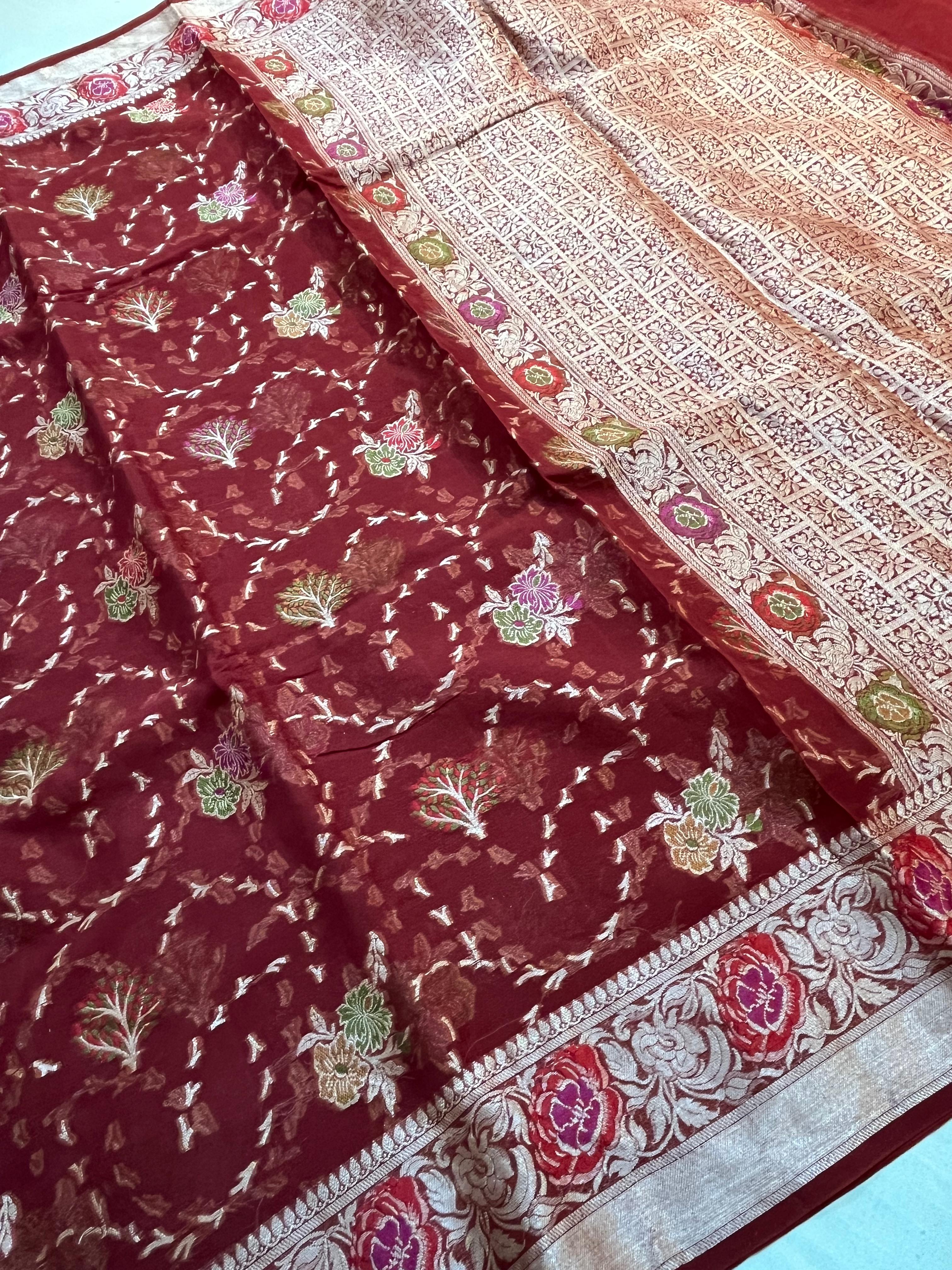 PREMIUM BRIDAL SHADE PURE KHADDI GEORGETTE SILK SAREE WITH BEAUTIFUL HAND-BRUSH