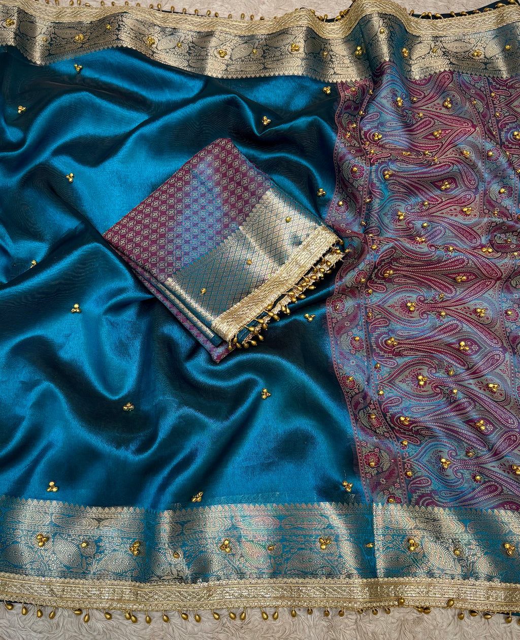 PREMIUM GERMAN BLUE SHADE GHUNGROO WORK BANARASI TISSUE SILK SAREE