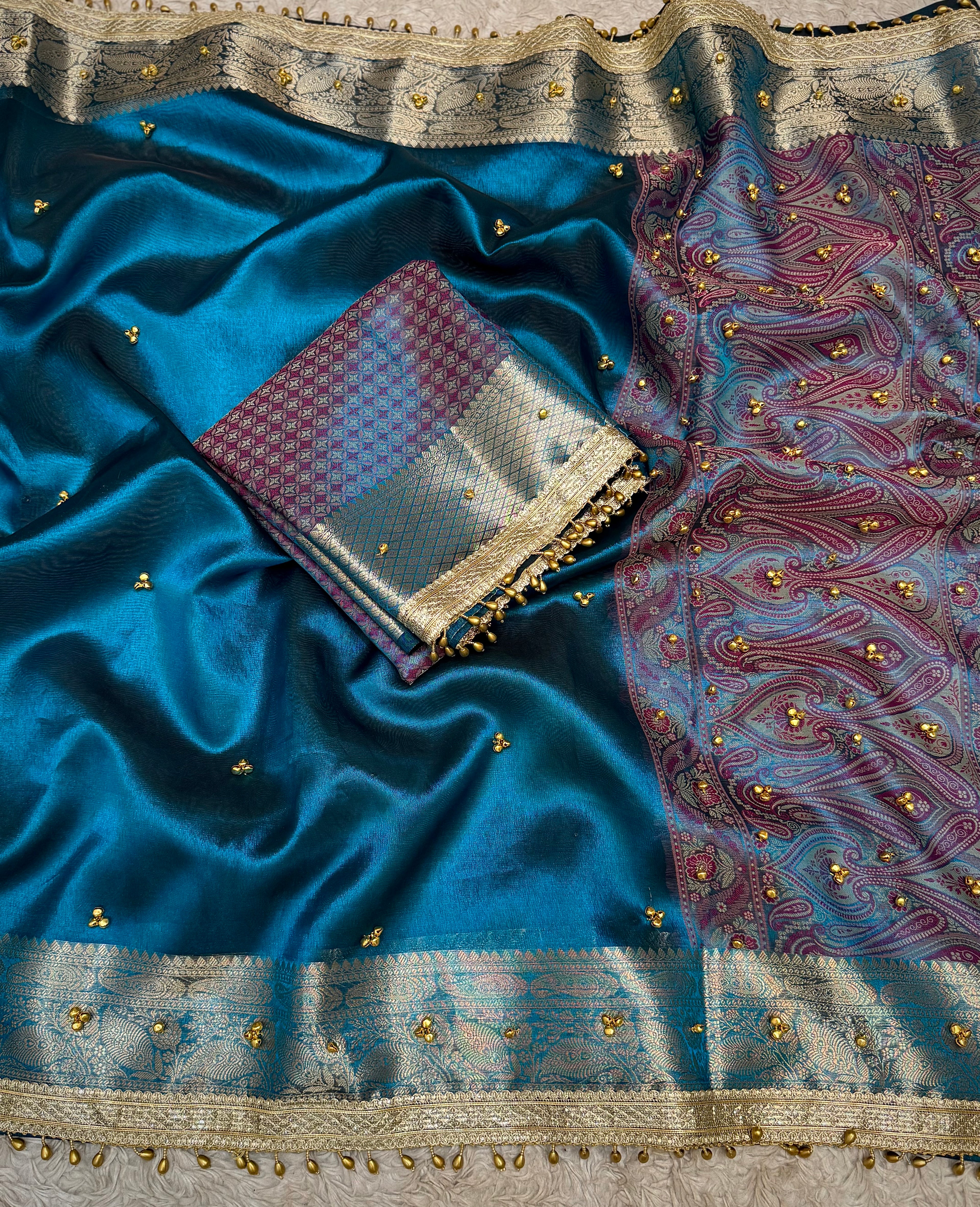 PREMIUM GERMAN BLUE SHADE GHUNGROO WORK BANARASI TISSUE SILK SAREE