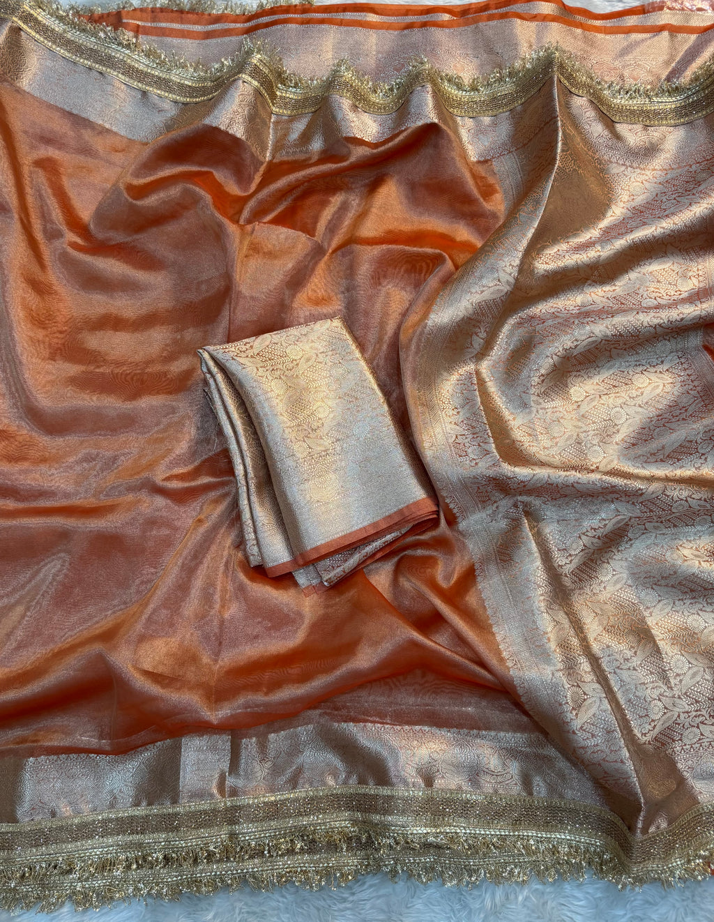 PREMIUM FANTA ORANGE SHADE SOFT TISSUE SILK SAREE WITH LACE ATTACHED