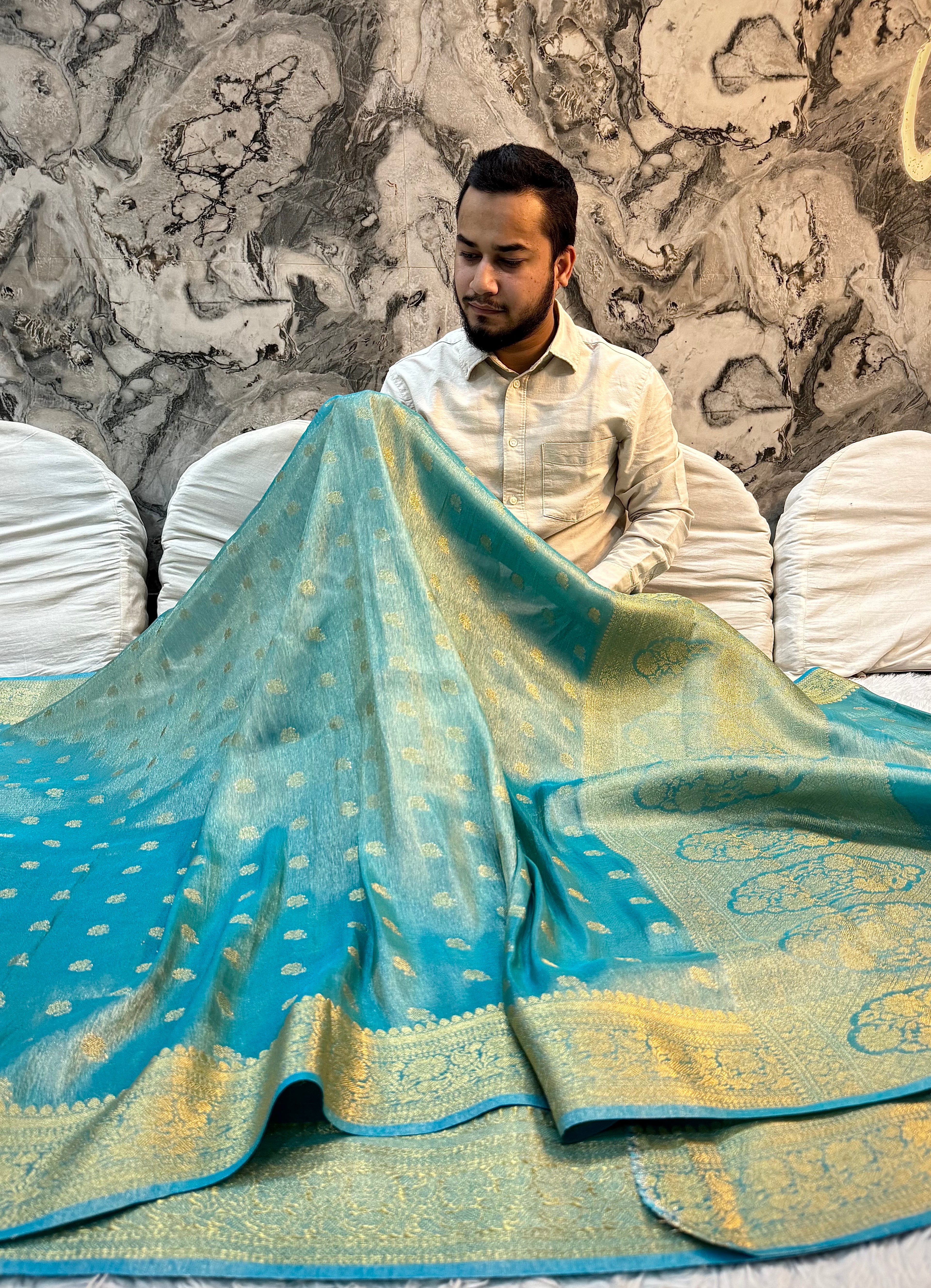 PREMIUM SEA BLUE SHADE SOFT KATAN TISSUE SILK SAREE