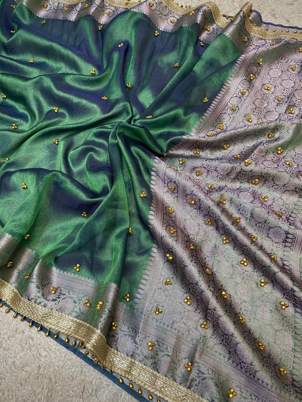 PREMIUM PEACOCK SHADE GHUNGROO WORK SOFT BANARASI TISSUE SILK DESIGNER SAREE