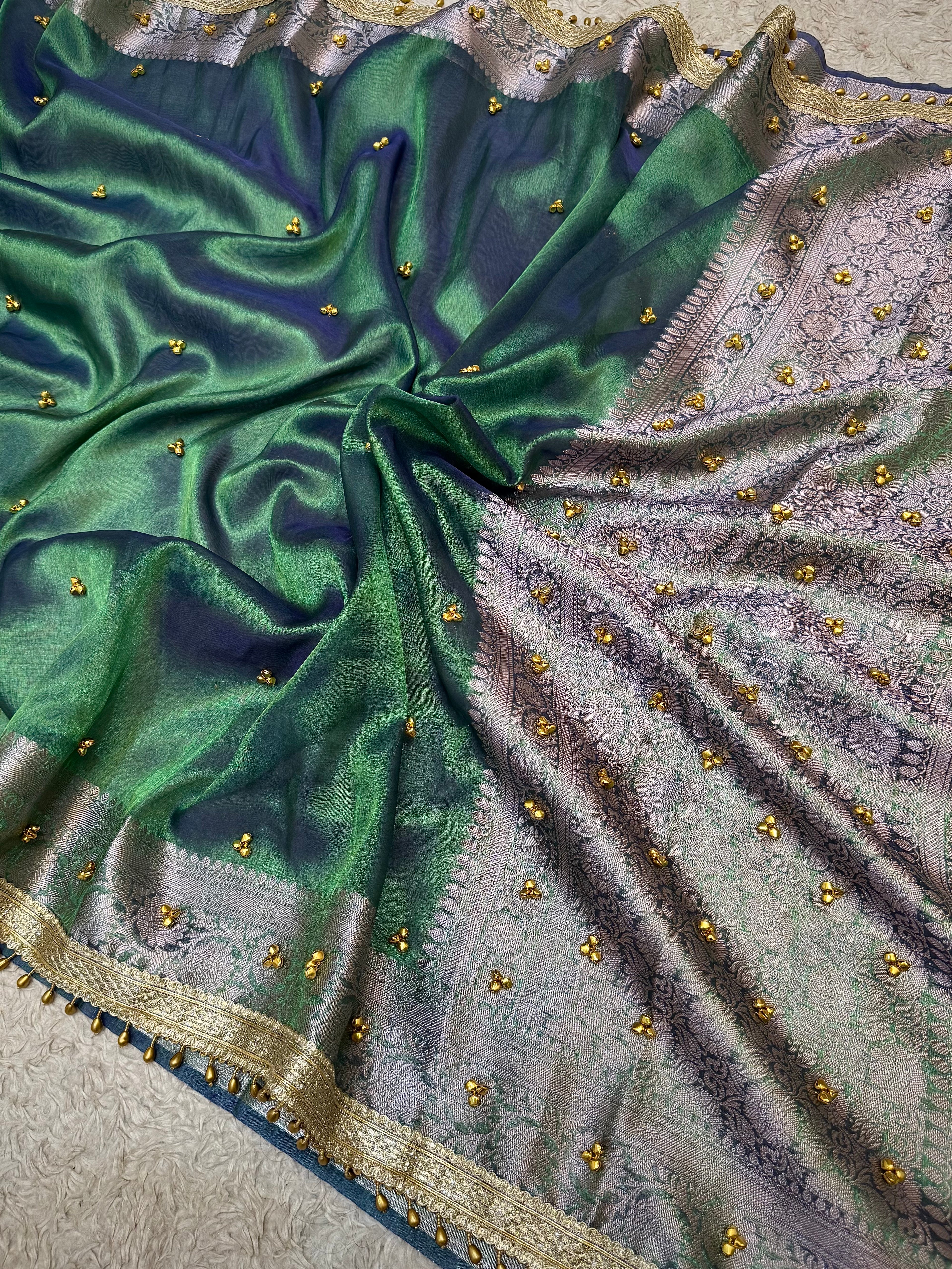 PREMIUM PEACOCK SHADE GHUNGROO WORK SOFT BANARASI TISSUE SILK DESIGNER SAREE