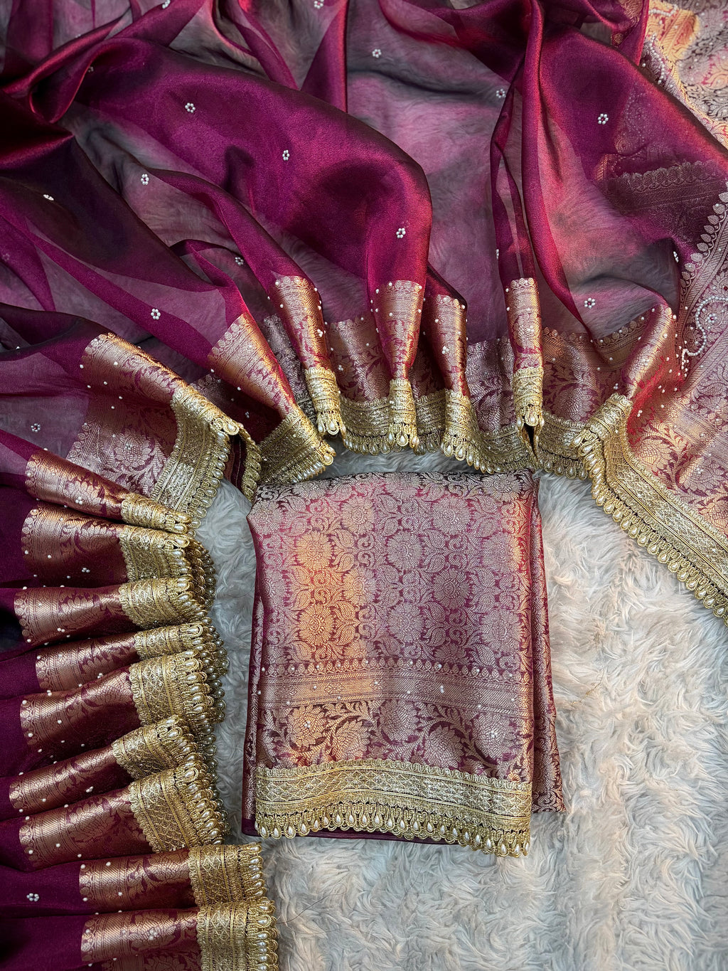 EXCLUSIVE HOT WINE SHADE SOFT TISSUE SILK SAREE DESIGNER HAND STONE WORK WITH LACE ATTACHED