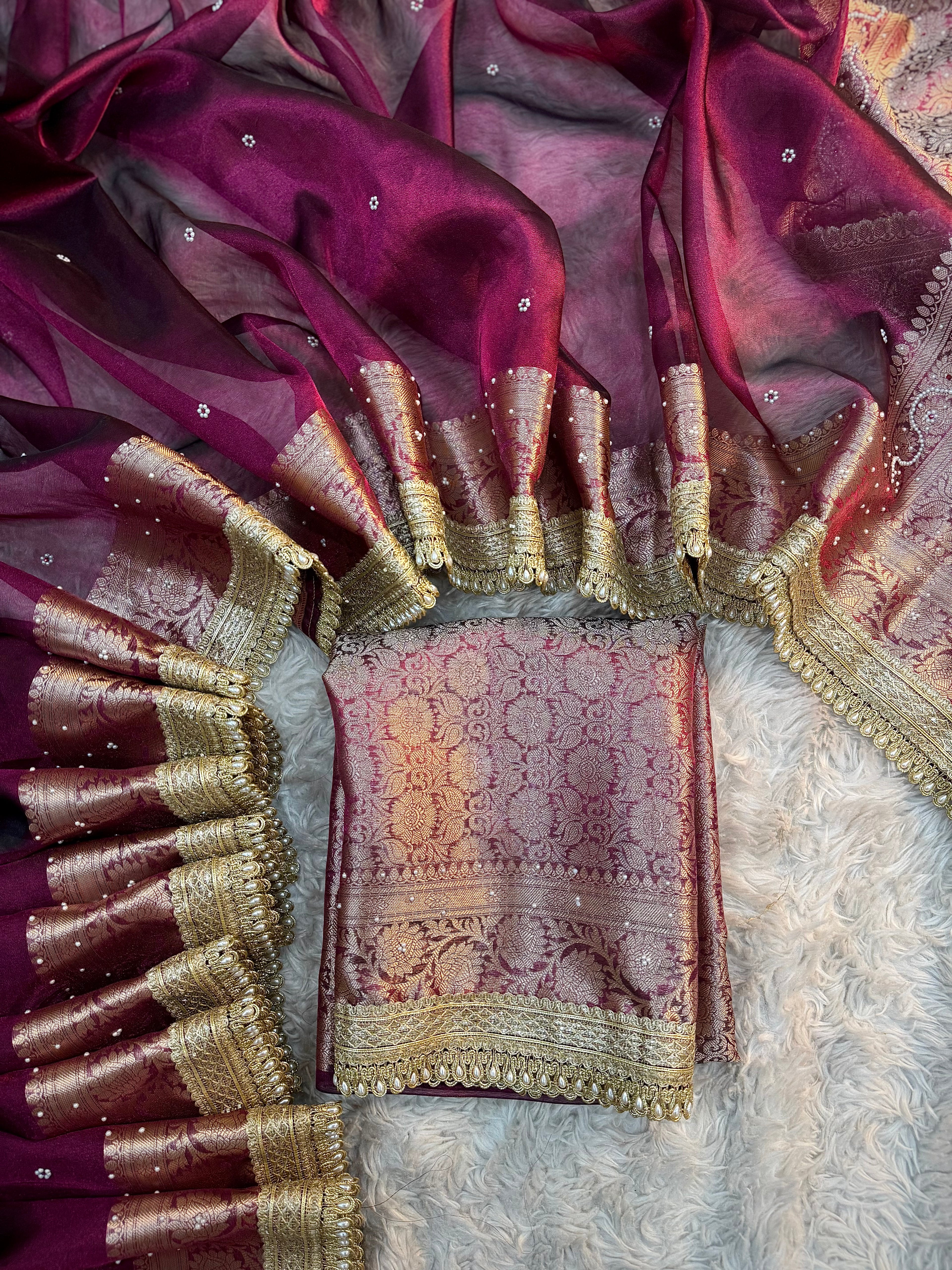 EXCLUSIVE HOT WINE SHADE SOFT TISSUE SILK SAREE DESIGNER HAND STONE WORK WITH LACE ATTACHED