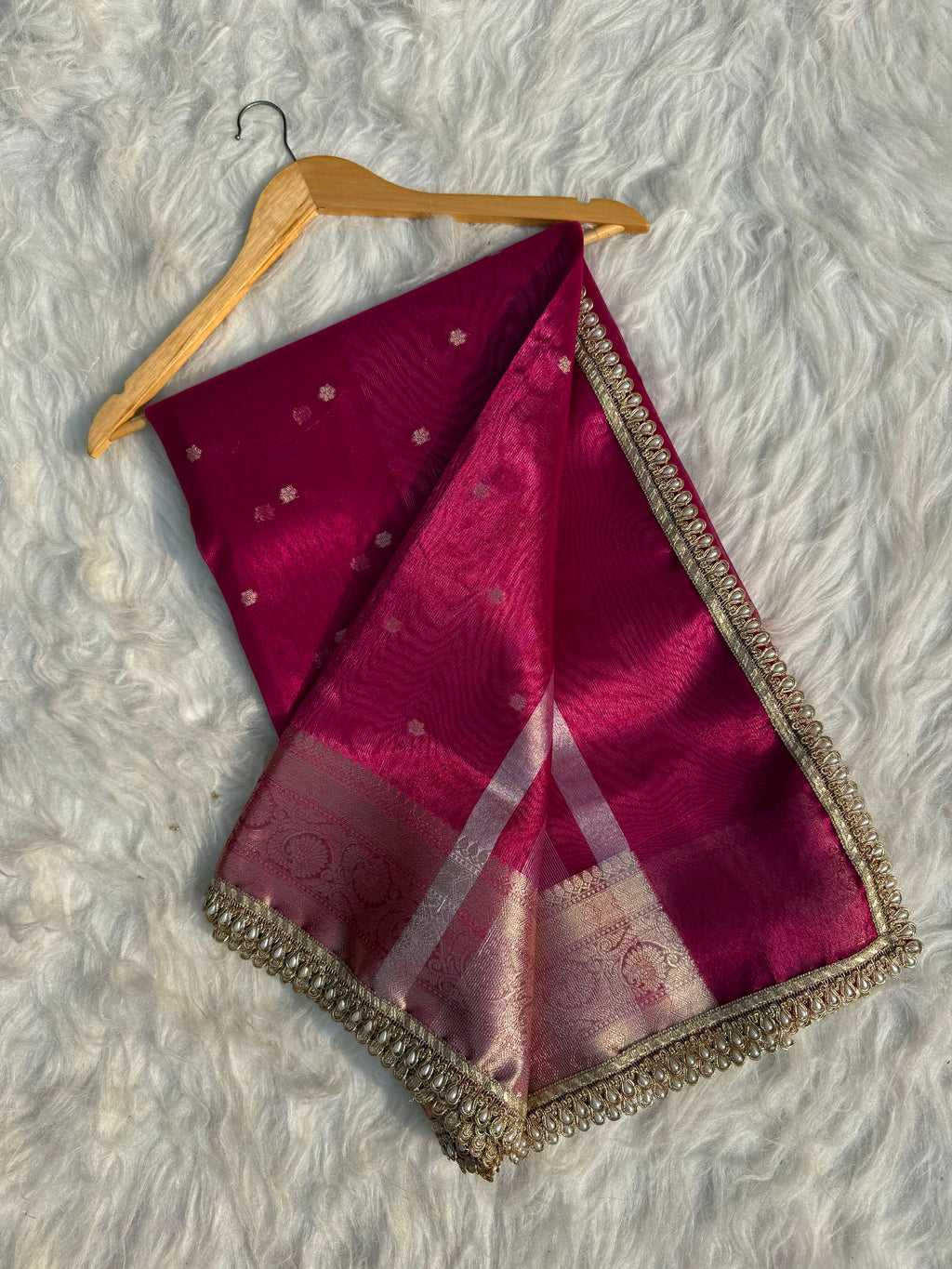 PREMIUM RANI SHADE DESIGNER TISSUE SILK BOOTI SAREE WITH LACE ATTACHED