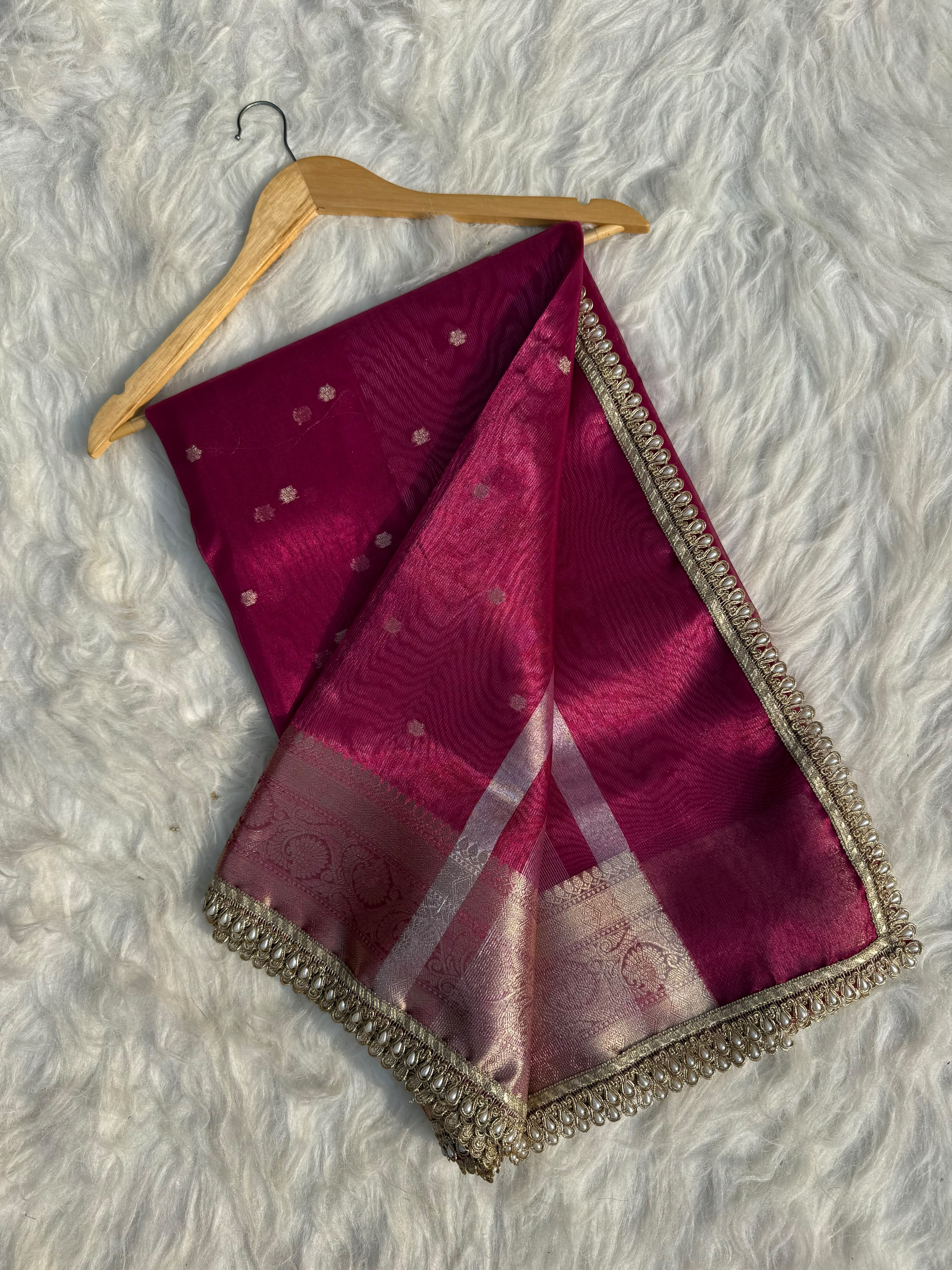 PREMIUM RANI SHADE DESIGNER TISSUE SILK BOOTI SAREE WITH LACE ATTACHED
