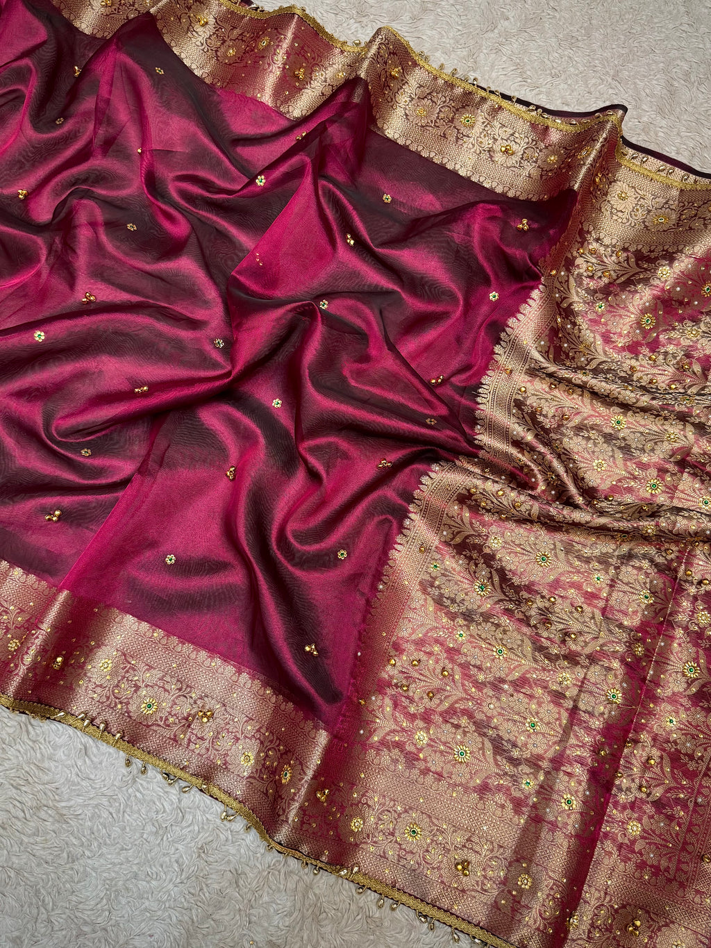 PREMIUM WINE SHADE GHUNGROO WORK SOFT BANARASI TISSUE SILK DESIGNER SAREE