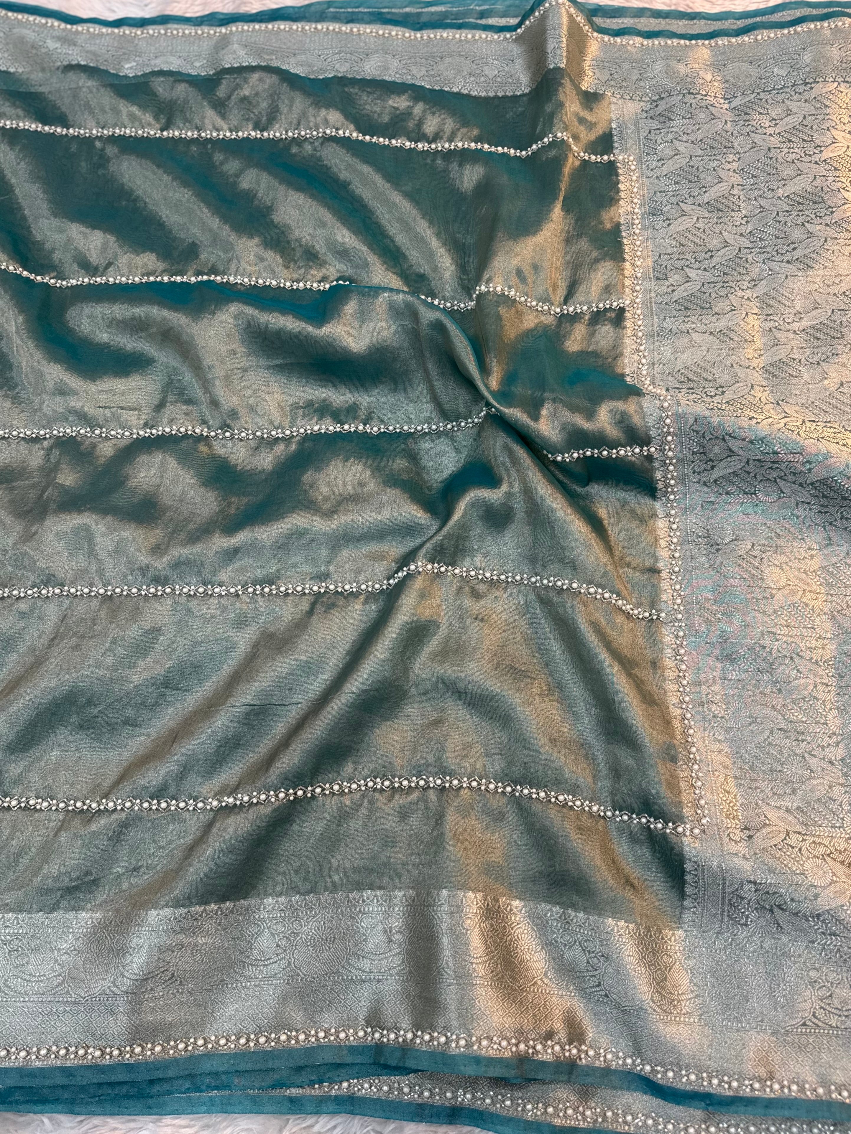 LUXURIOUS AQUA BLUE SHADE SOFT TISSUE SILK WITH PREMIUM ZARDOZI AND LACE WORK