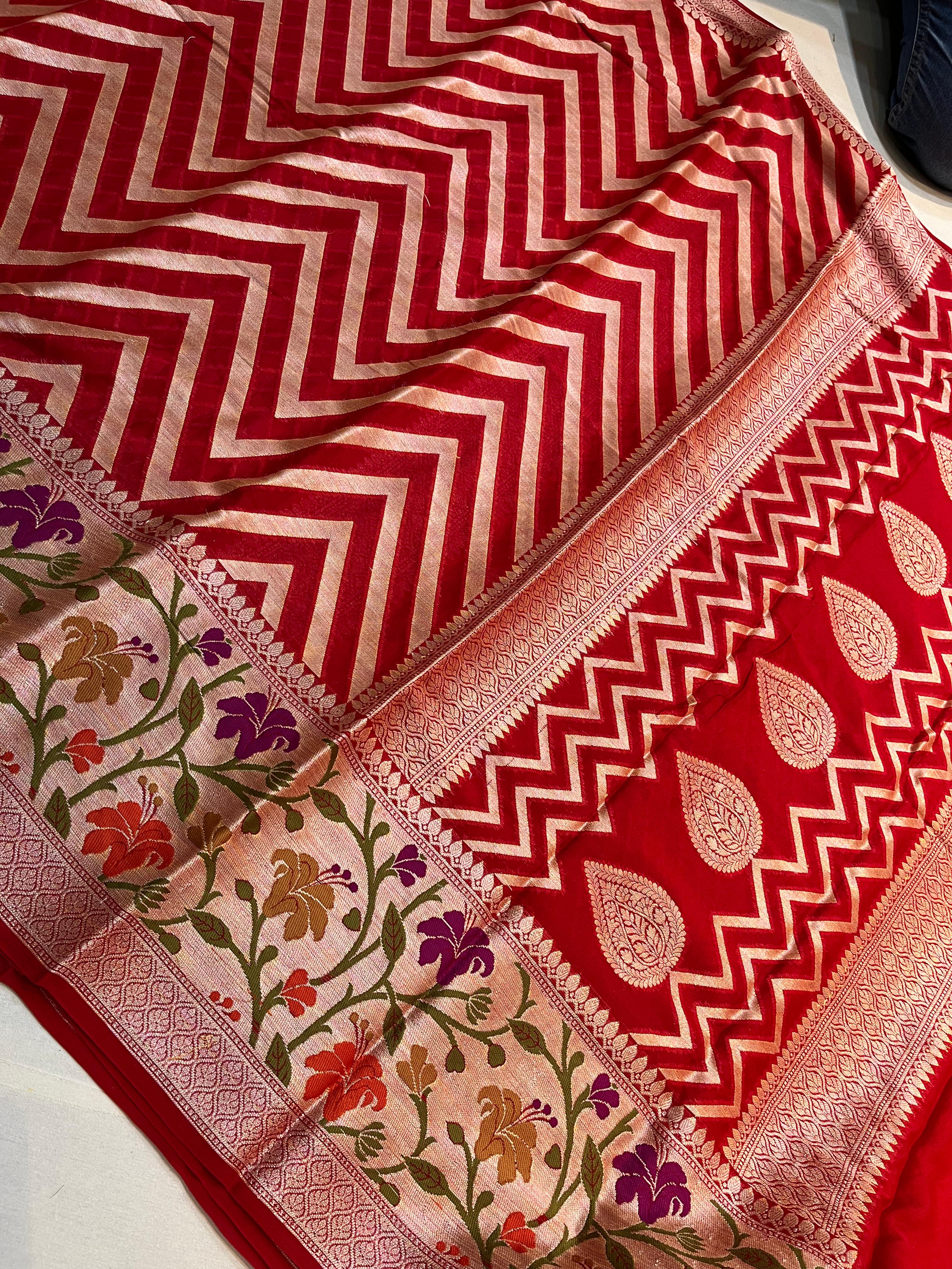 PREMIUM RED SHADE PURE KHADDI GEORGETTE SILK SAREE WITH BEAUTIFUL HAND-BRUSH