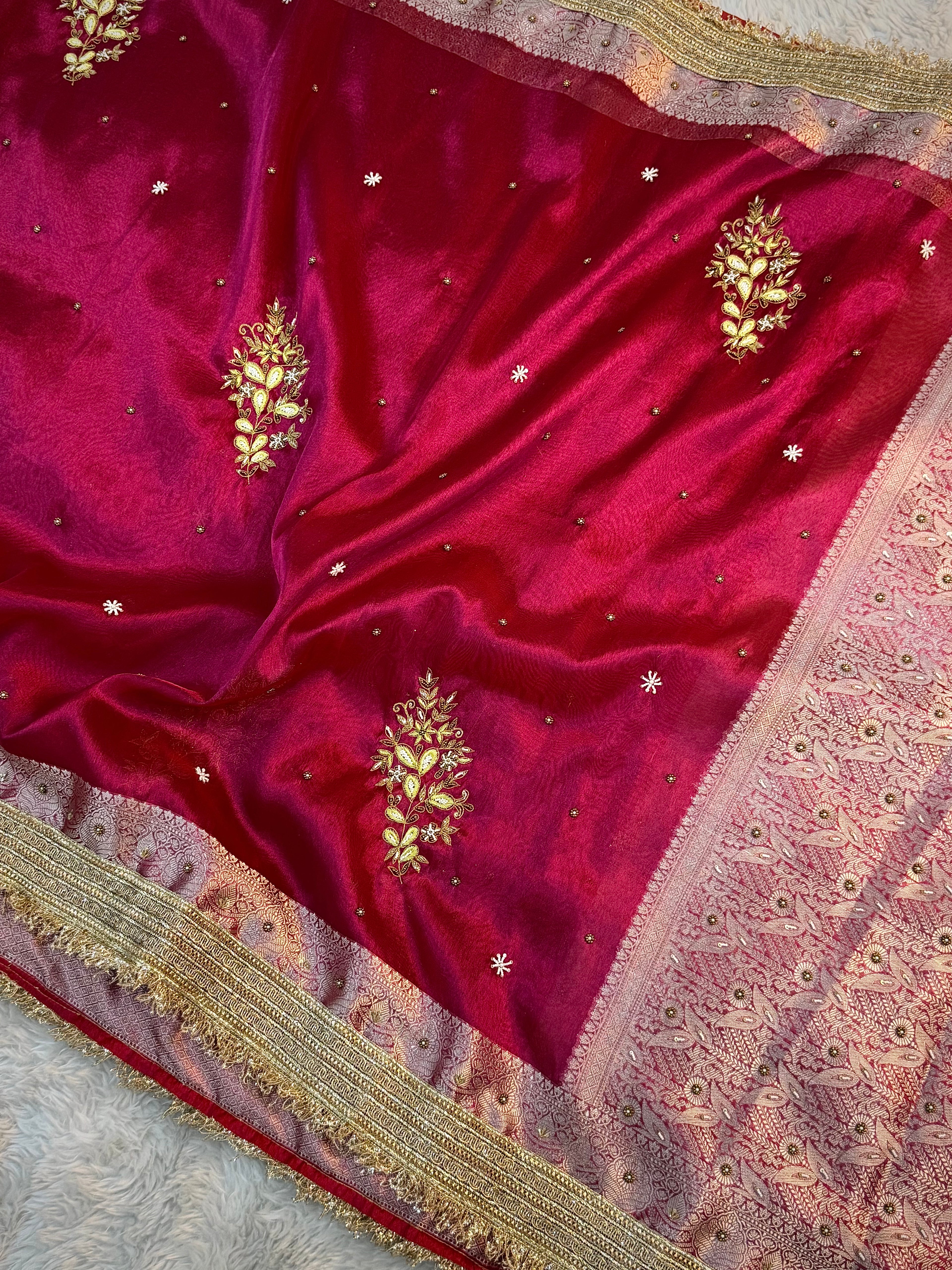 LUXURIOUS RANI SHADE SOFT TISSUE SILK WITH PREMIUM ZARDOZI AND LACE WORK