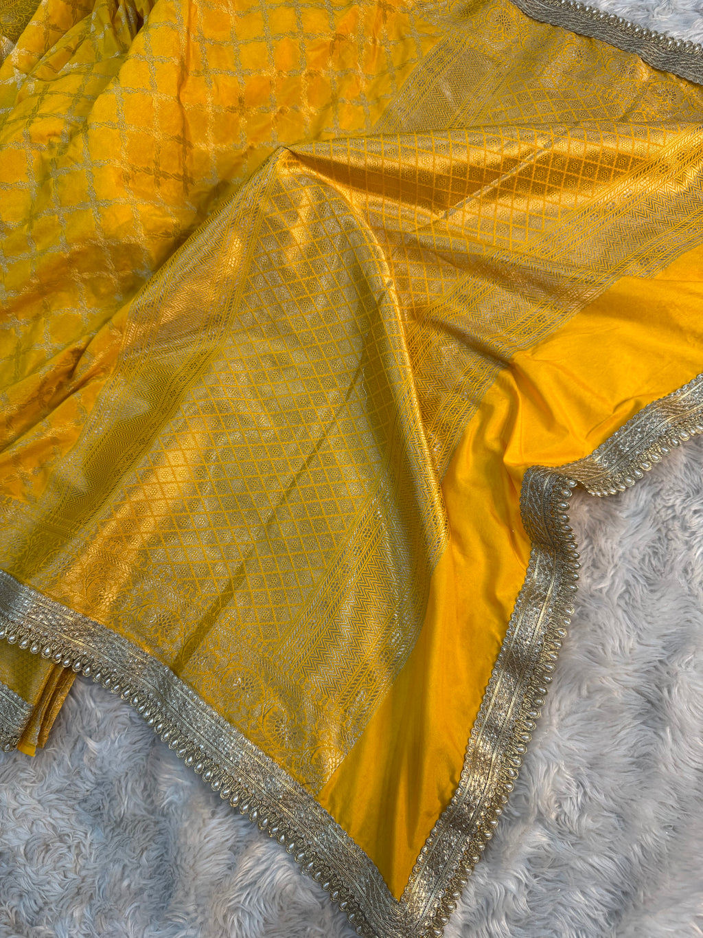 PREMIUM YELLOW SHADE GEORGETTE KATAN SILK SAREE WITH MOTI LACE ATTACHED