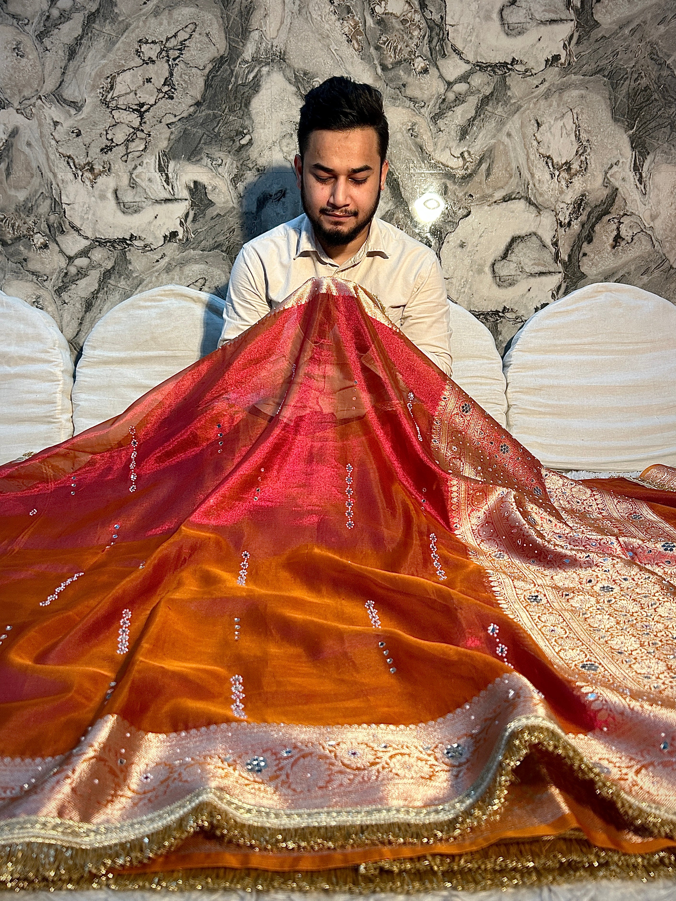 EXCLUSIVE PINK AND ORANGE SHADE SOFT TISSUE SILK MIRROR WORK DESIGNER SAREE