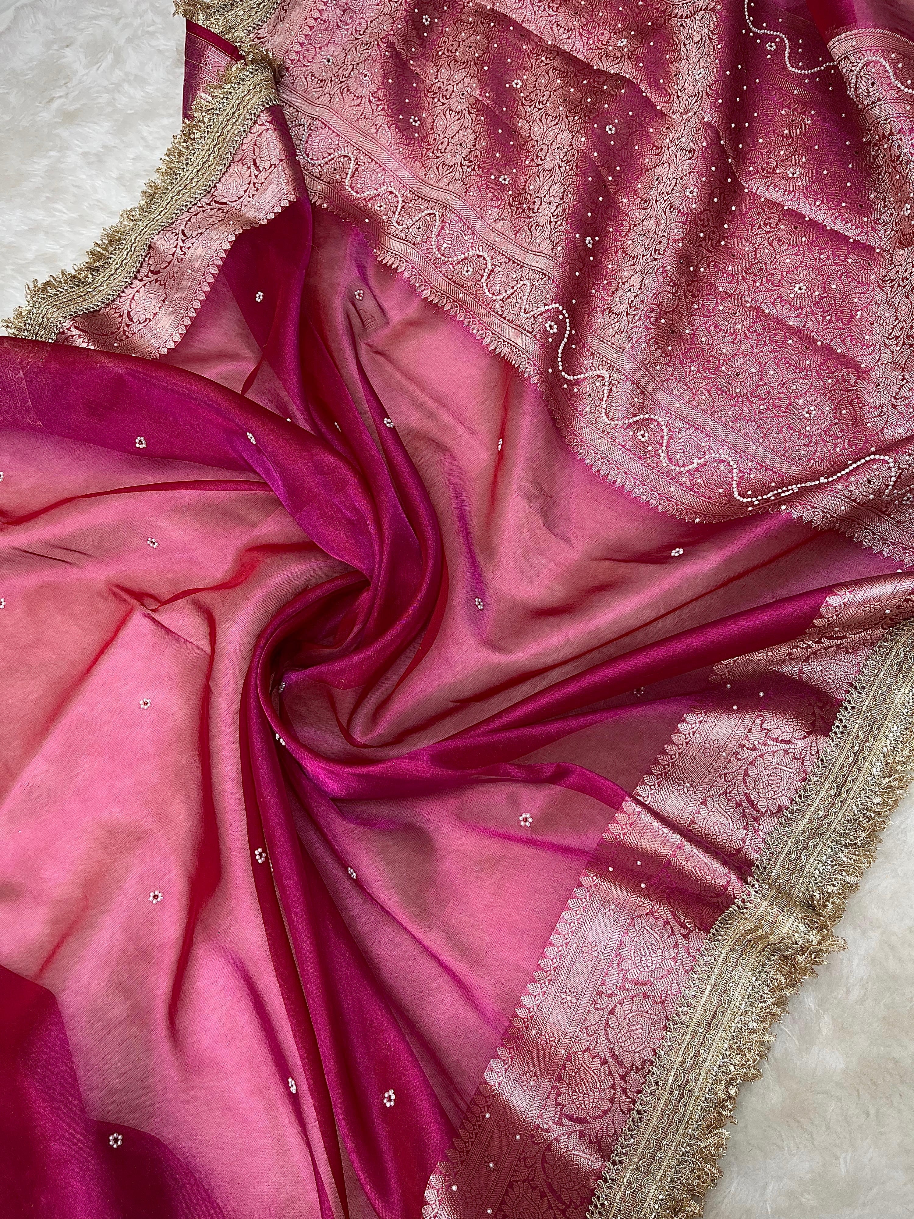 PREMIUM HOT PINK SHADE SOFT TISSUE SILK SAREE DESIGNER HAND STONE WORK WITH LACE ATTACHED