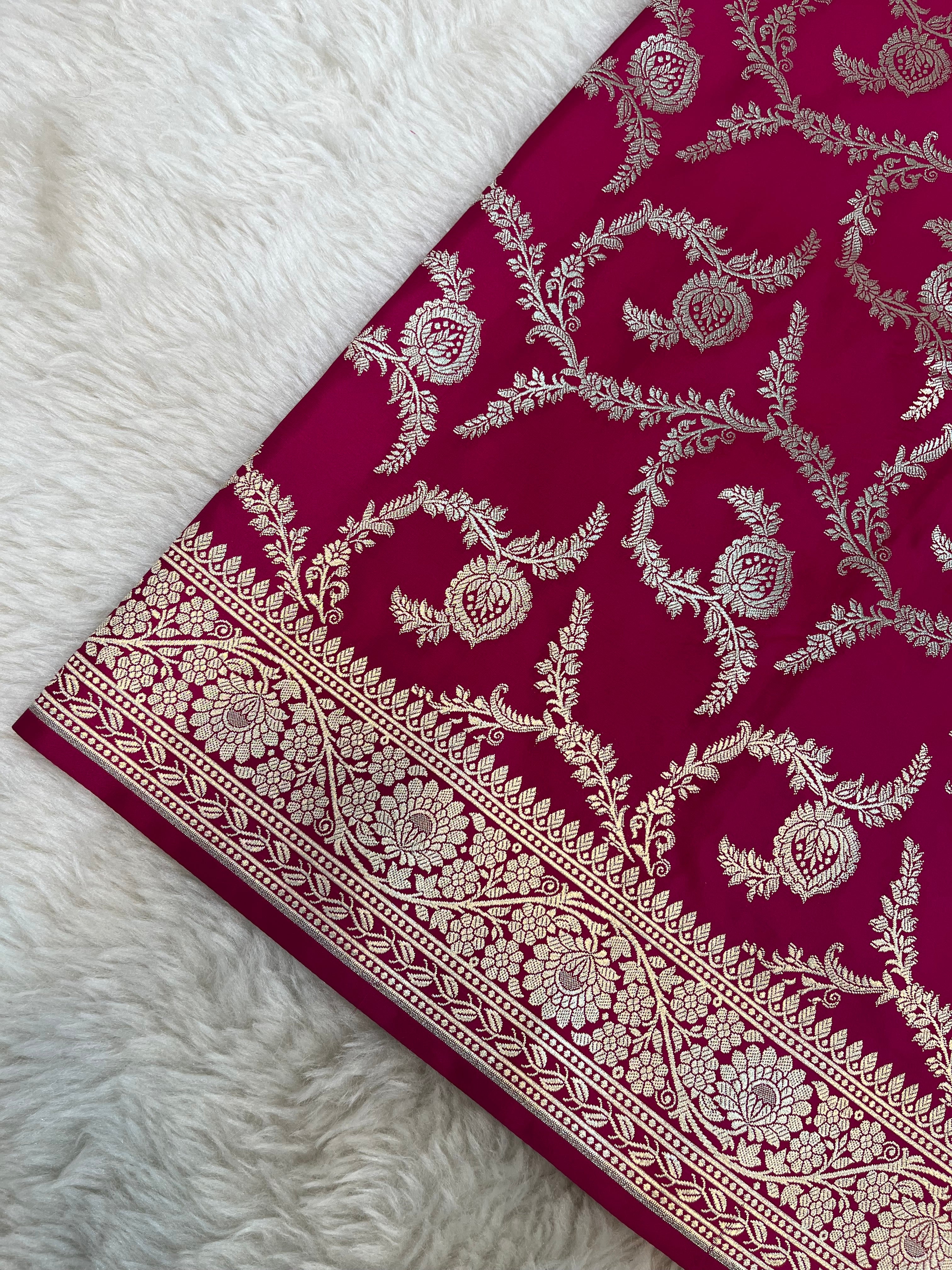 PREMIUM RANI SHADE MASHRU KATAN SILK JAAL DESIGN WEAVE SAREE