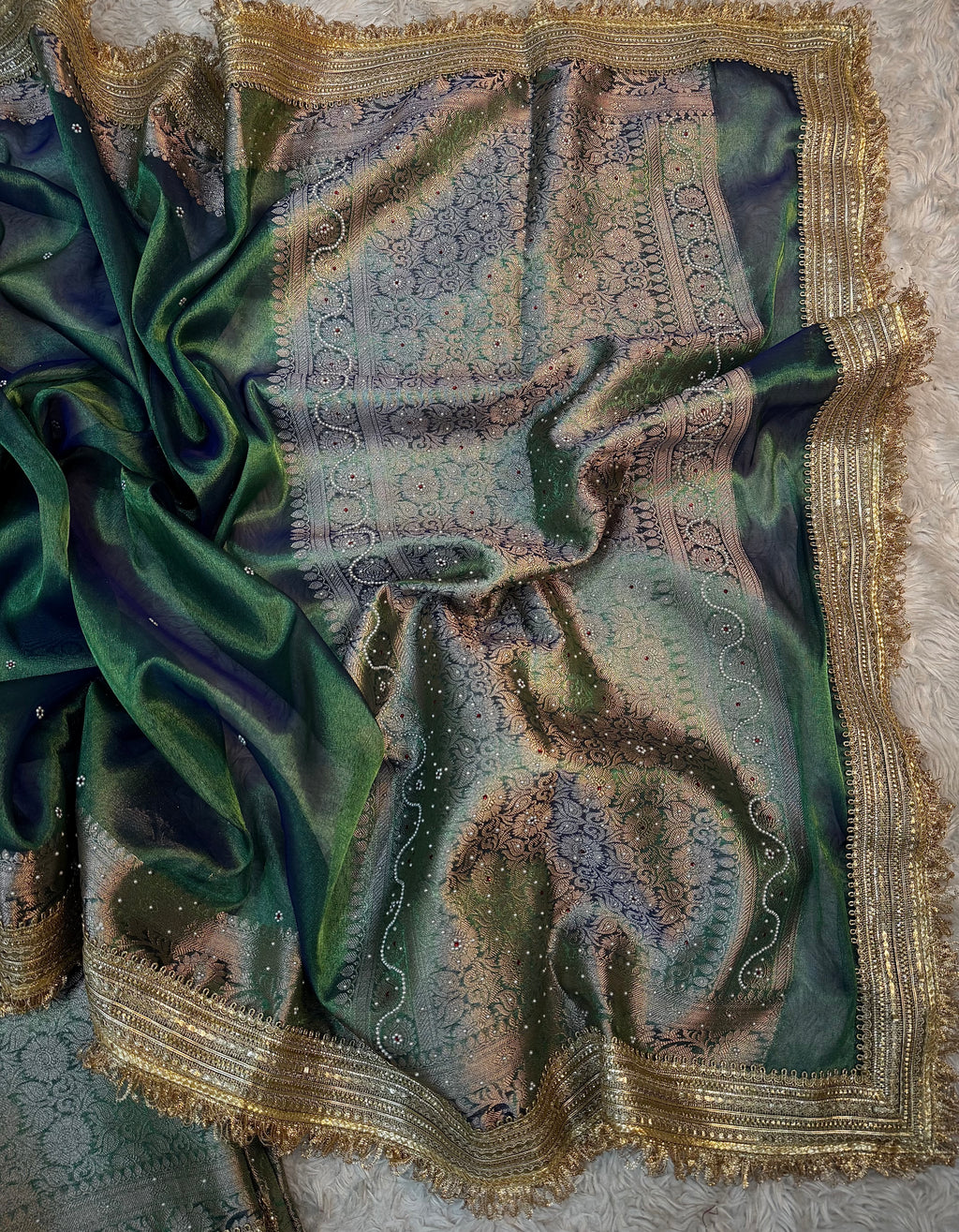 EXCLUSIVE PEACOCK GREEN SHADE SOFT TISSUE SILK SAREE DESIGNER HAND STONE WORK WITH LACE ATTACHED