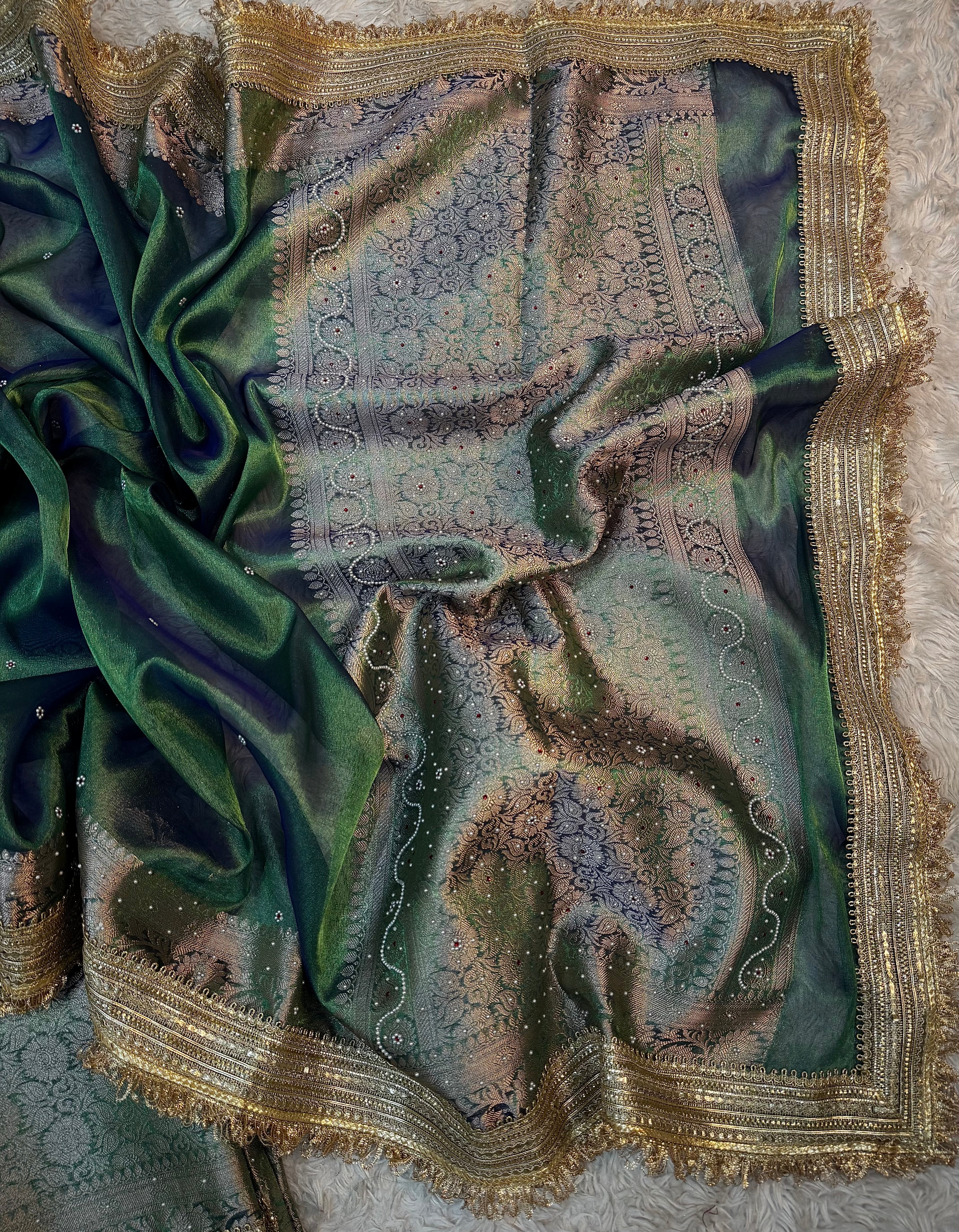 EXCLUSIVE PEACOCK GREEN SHADE SOFT TISSUE SILK SAREE DESIGNER HAND STONE WORK WITH LACE ATTACHED