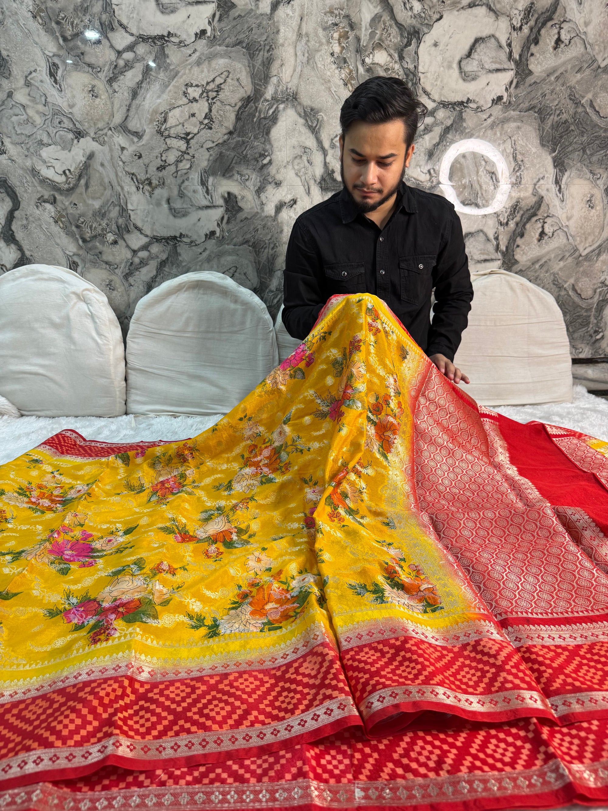 YELLOW AND RED SHADE GEORGETTE BANARASI SAREE
