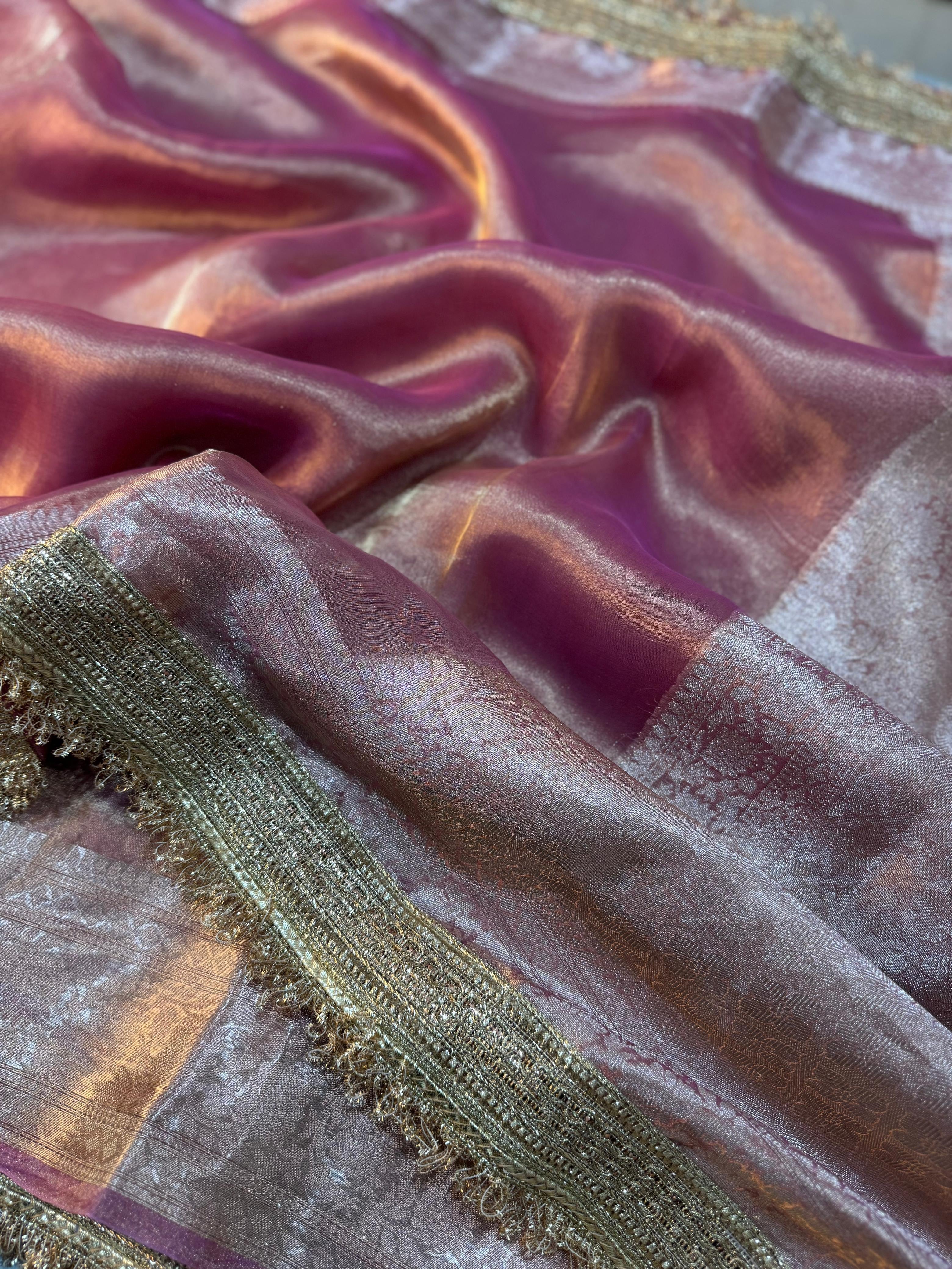 LUXURIOUS PINK SHADE SOFT PURE TISSUE SILK SAREE WITH BEAUTIFUL LACE ATTACHED