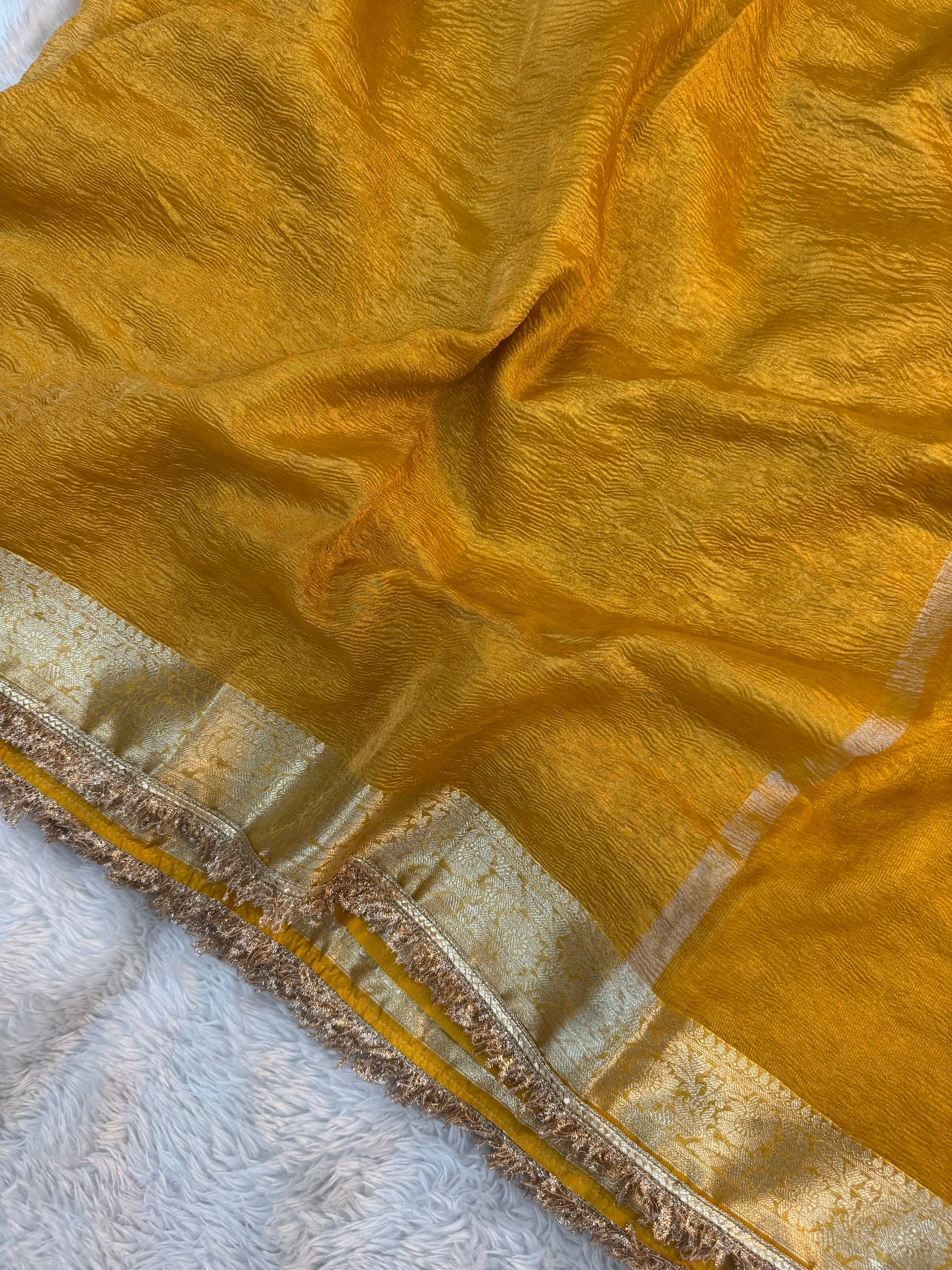 PREMIUM YELLOW SHADE SOFT CRUSH TISSUE SILK SAREE WITH LACE ATTACHED