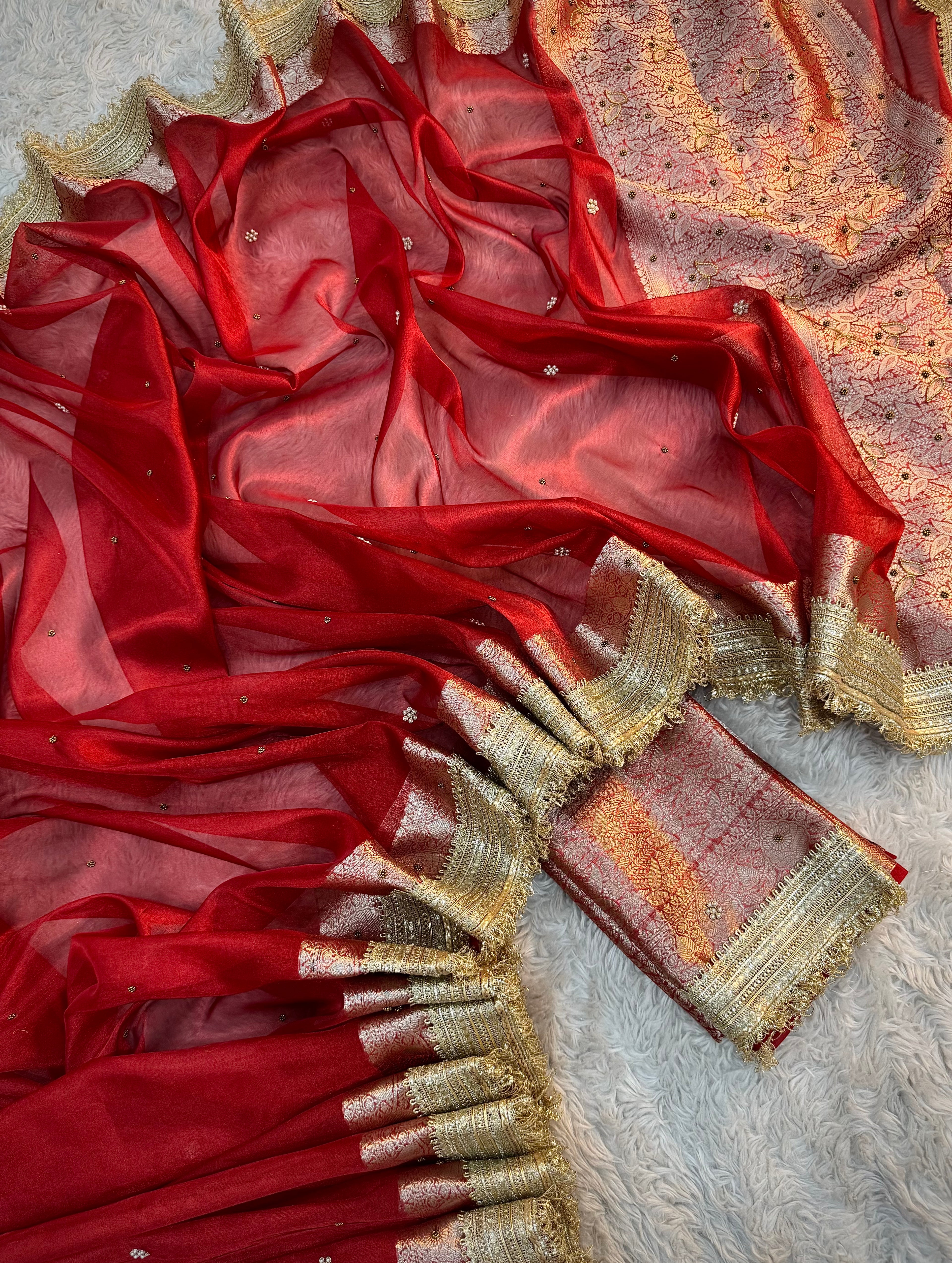LUXURIOUS BRIDAL RED SHADE SOFT TISSUE SILK WITH PREMIUM HAND EMBROIDERY AND LACE WORK