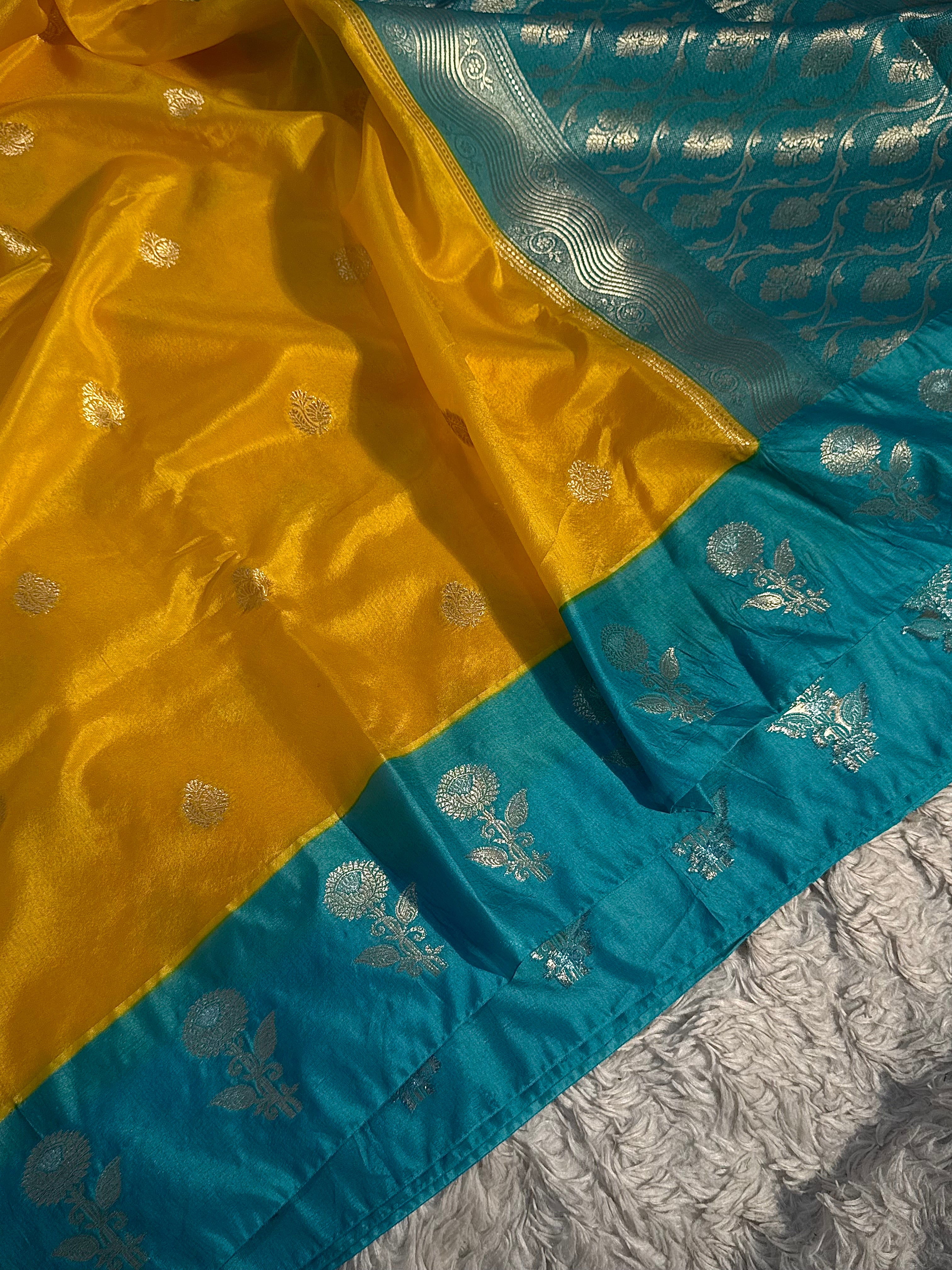 PREMIUM YELLOW AND TEAL SHADE VISCOSE SILK SAREE